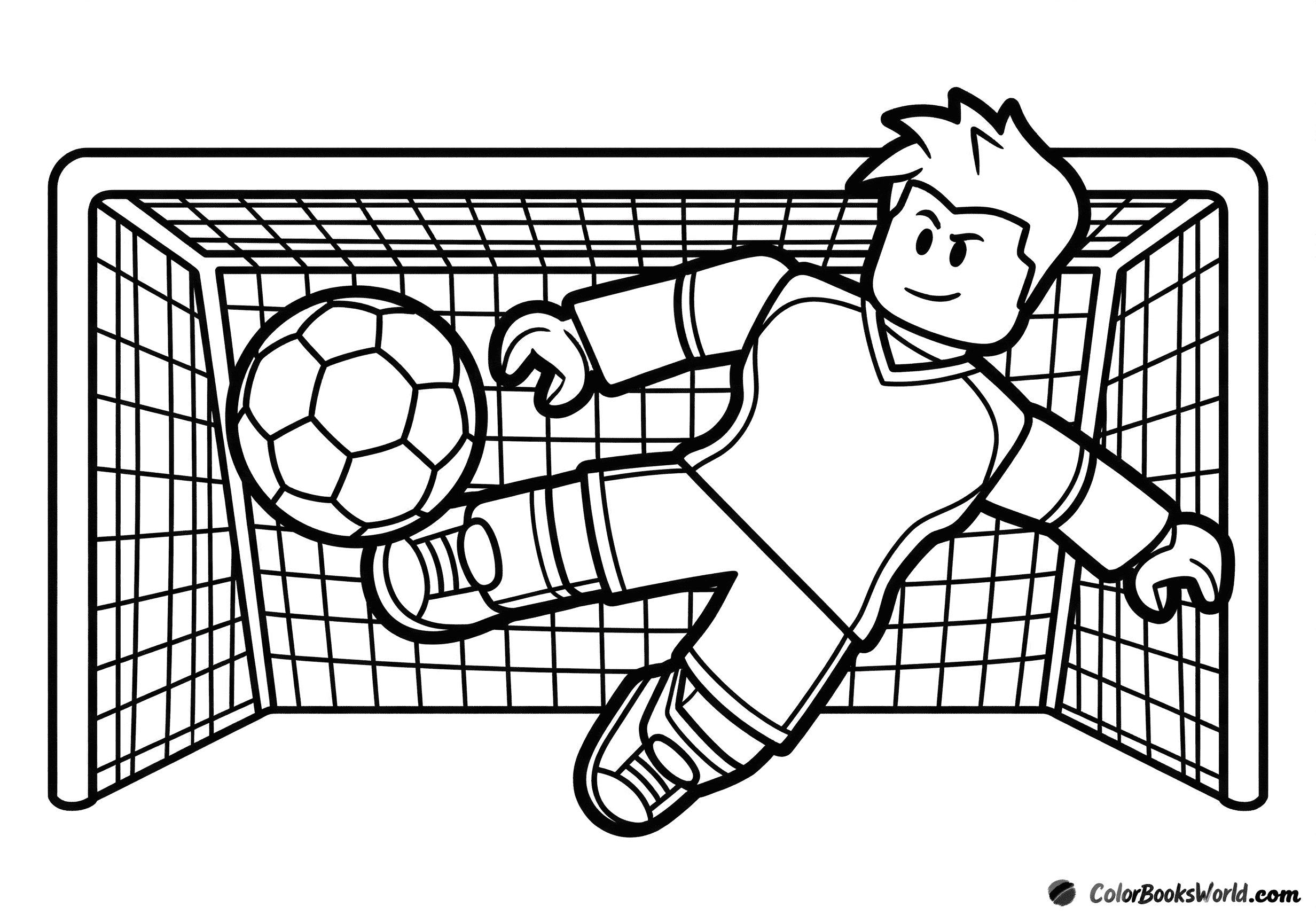 A Roblox avatar kicks a soccer ball toward a goal net in a scoring shot.