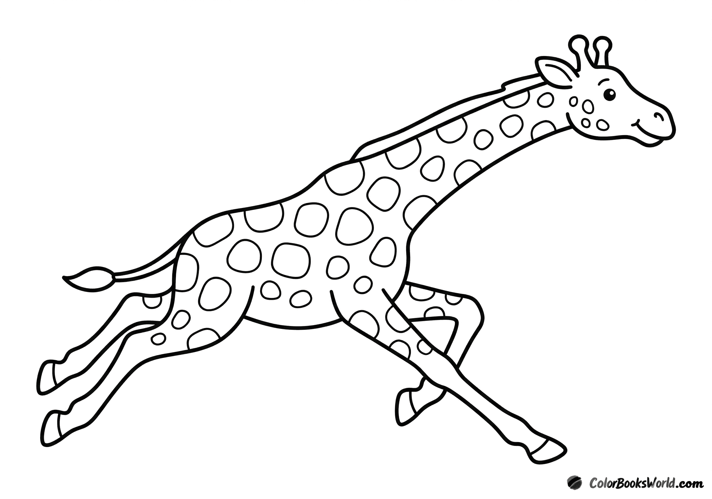 A simple cartoon giraffe running with its legs stretched out and big spots.