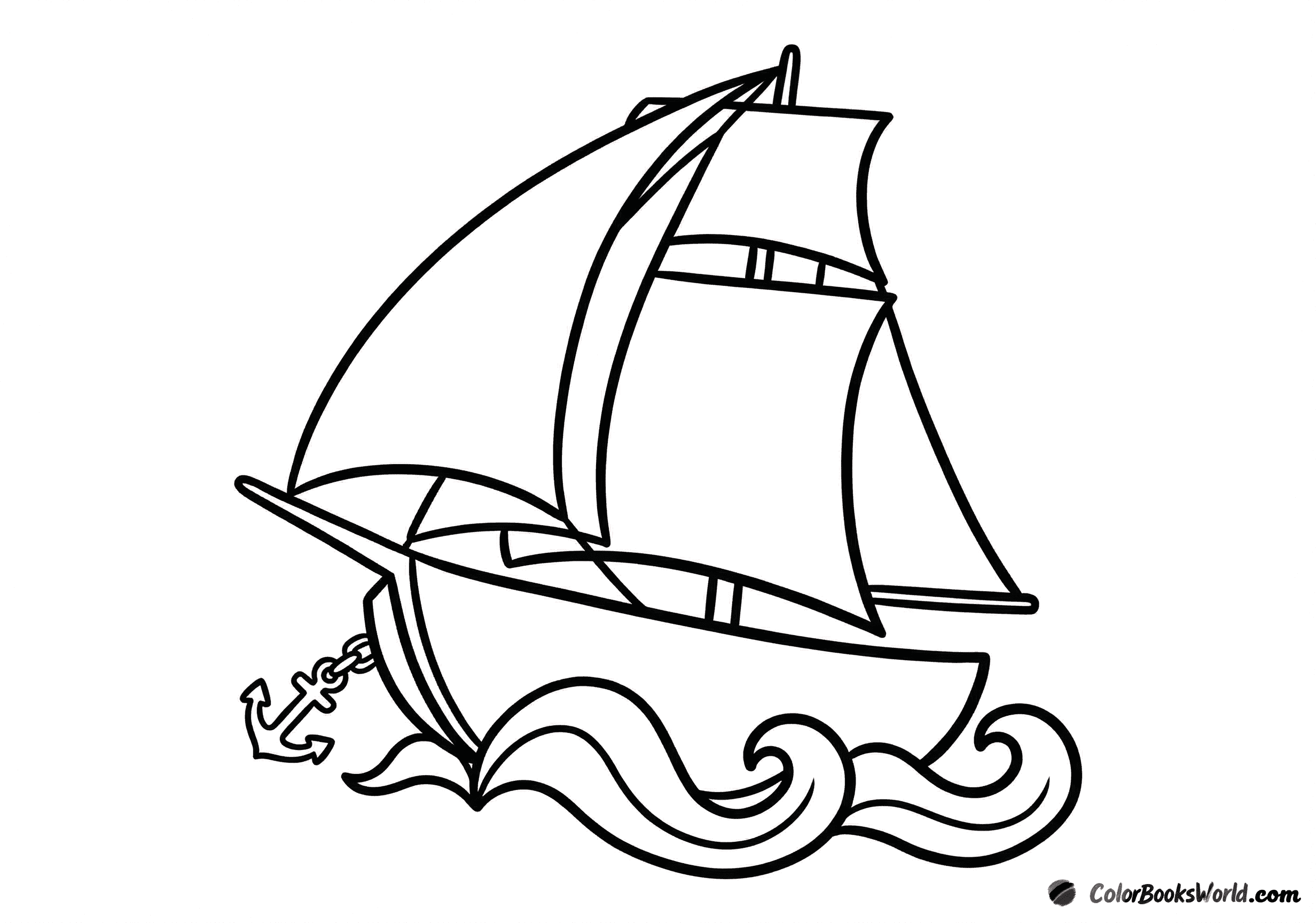 Line drawing of a sailboat with full sails riding stylized waves, with a short anchor chain near the bow.