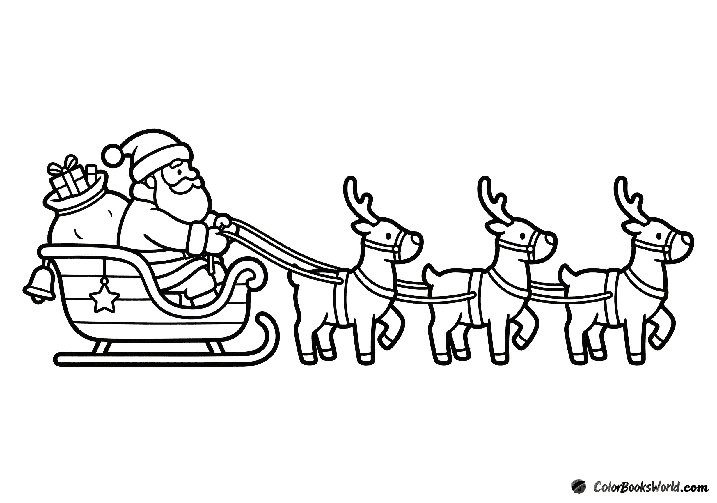 Side view of Santa sitting in a sleigh pulled by three reindeer, with a sack of gifts.