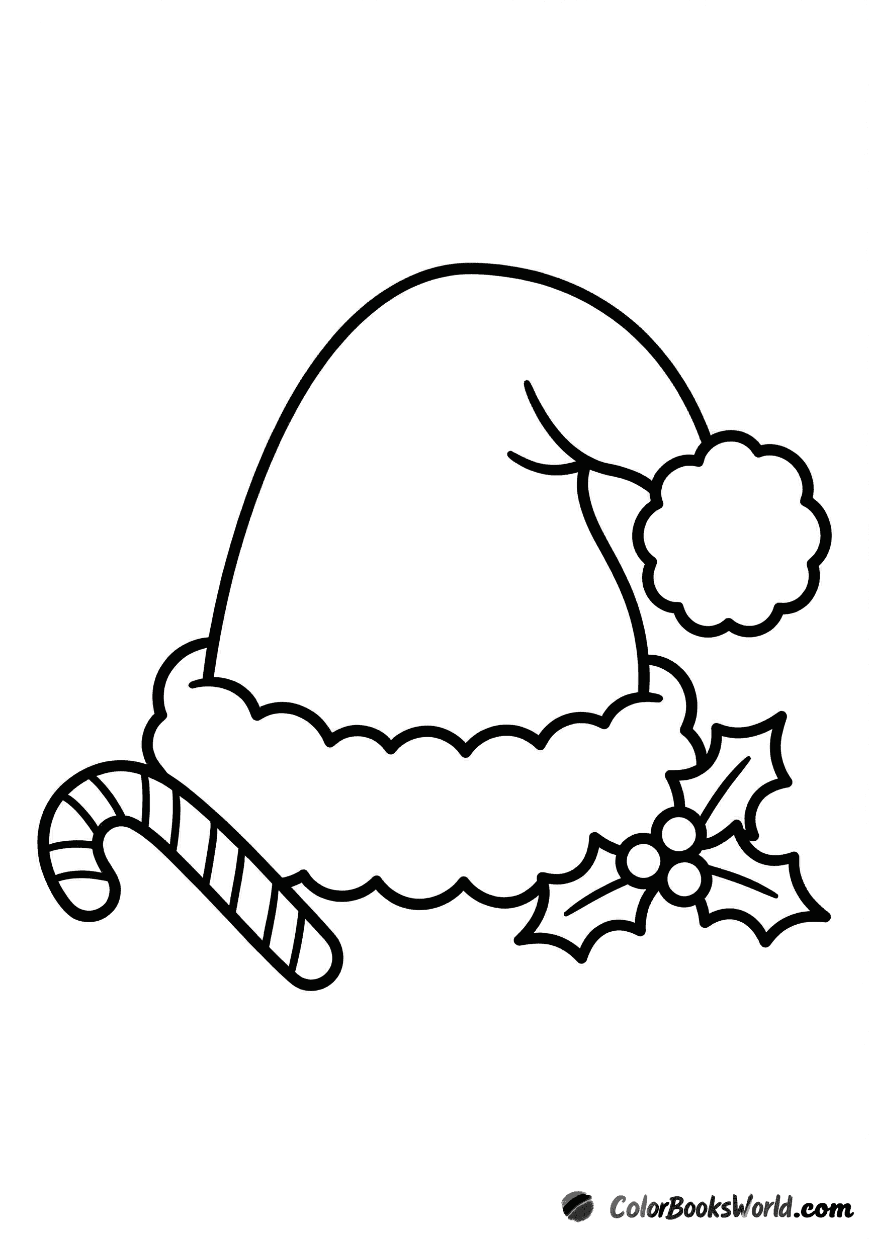 A fluffy Santa hat leaning against a striped candy cane with a sprig of holly.
