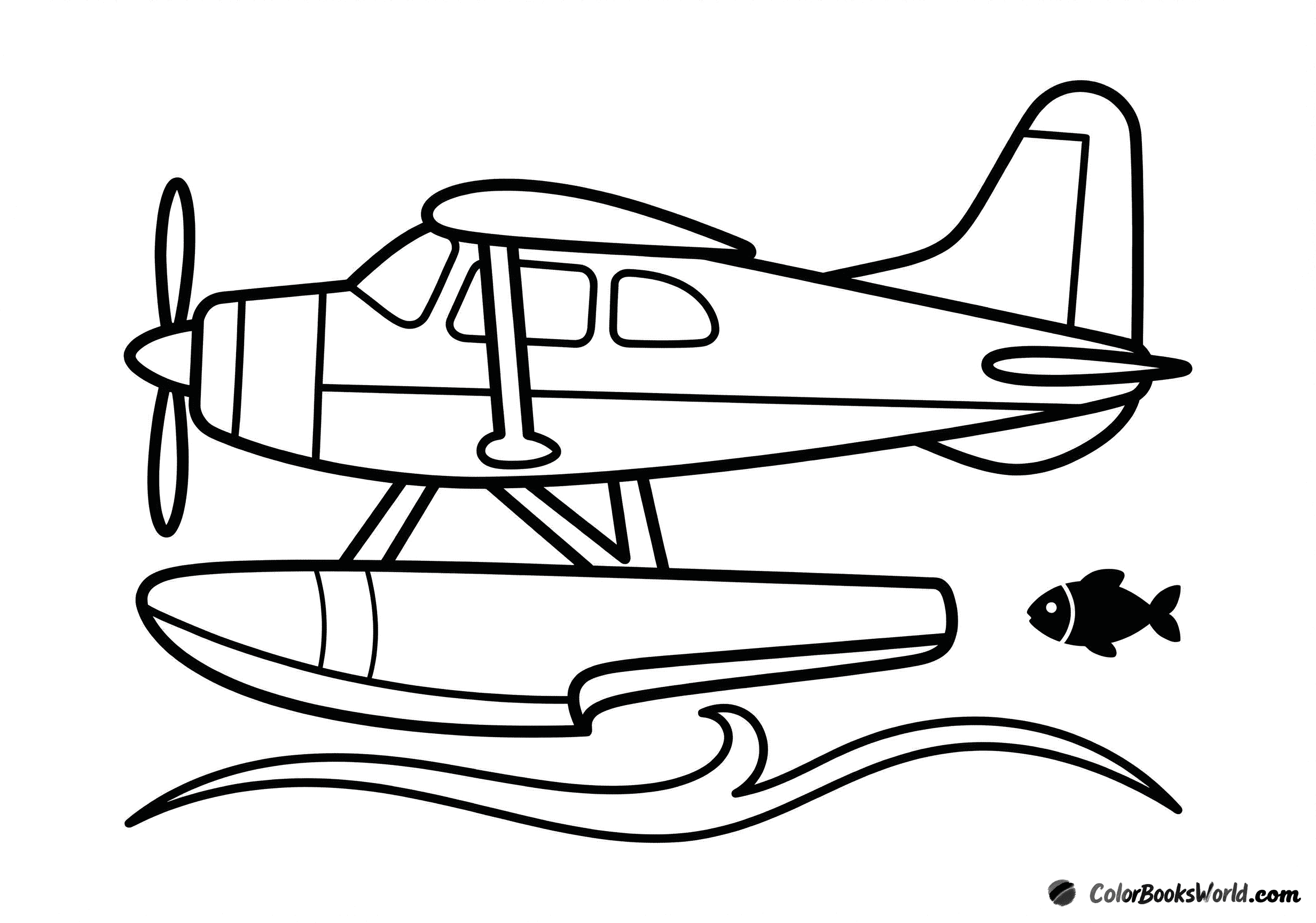 A simple seaplane with floats resting on the water, with a small fish silhouette nearby.