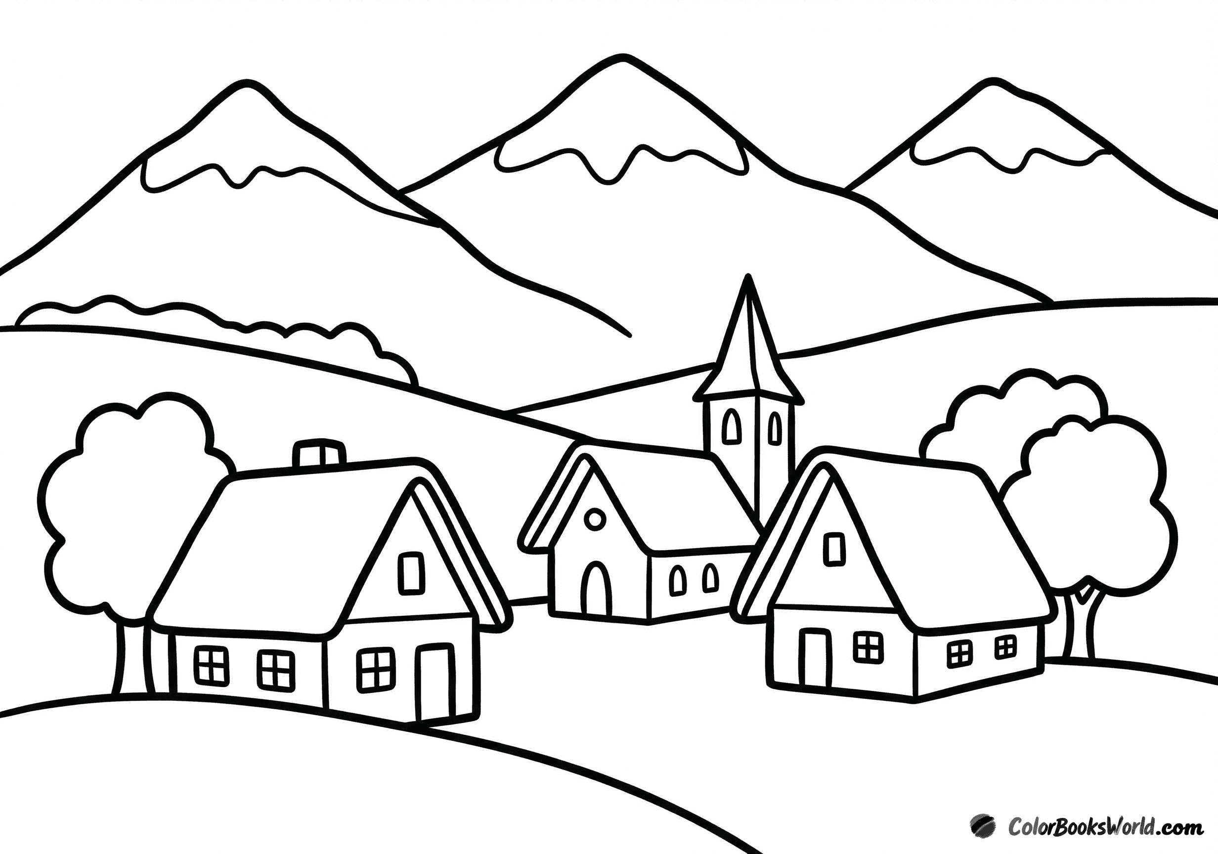 Small mountain village with three cottages, a church steeple, and distant mountain peaks.