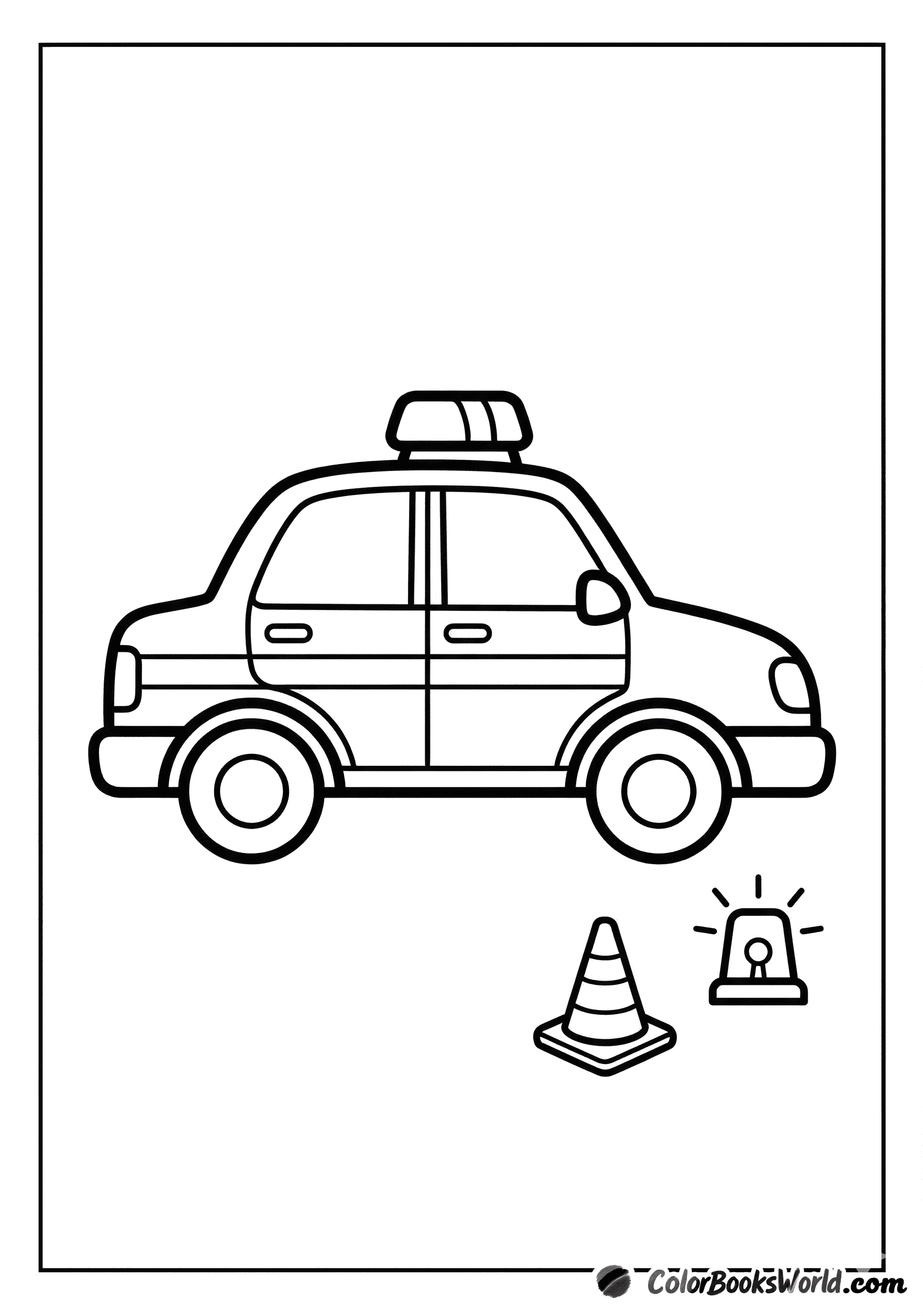 Side view cartoon police car with a roof light bar, a striped traffic cone, and a small siren.