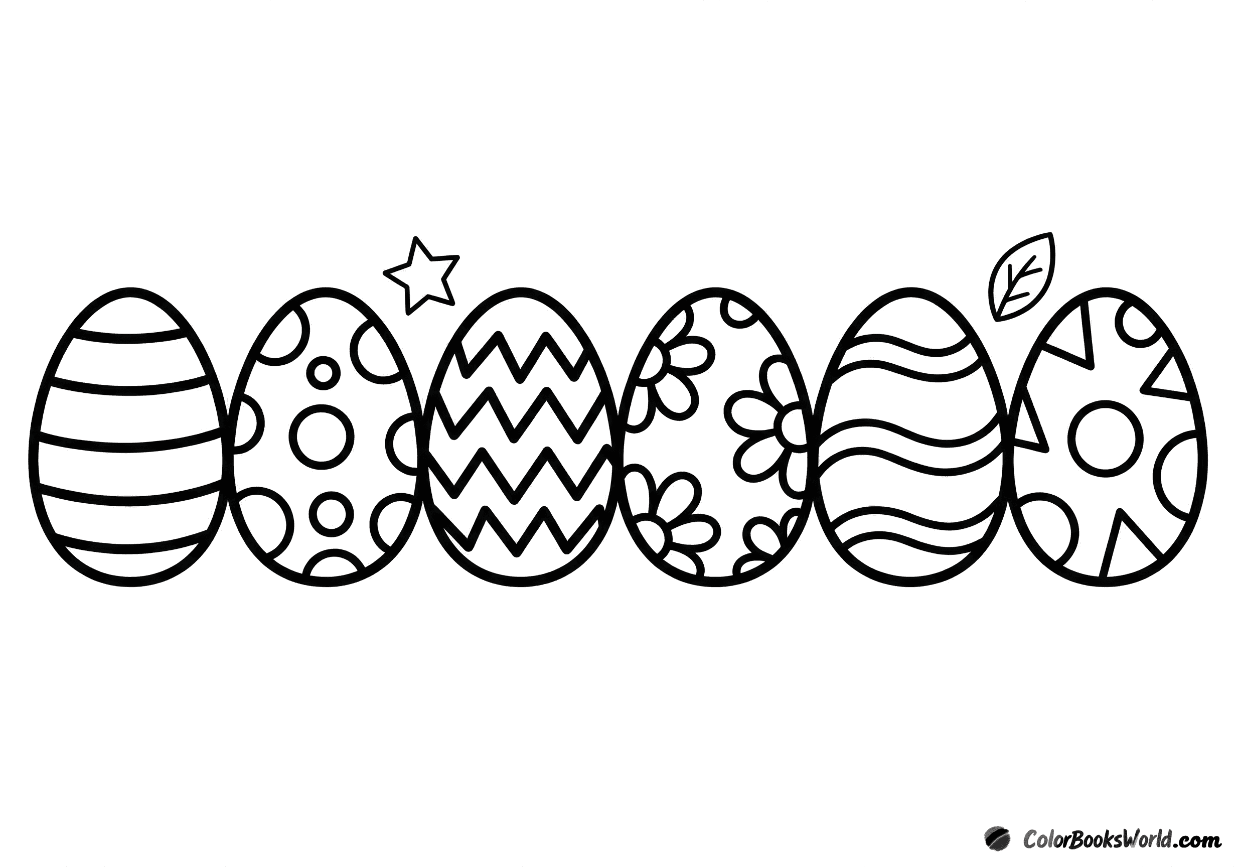 A row of six large Easter eggs, each with a different simple pattern, plus a small star and leaf.