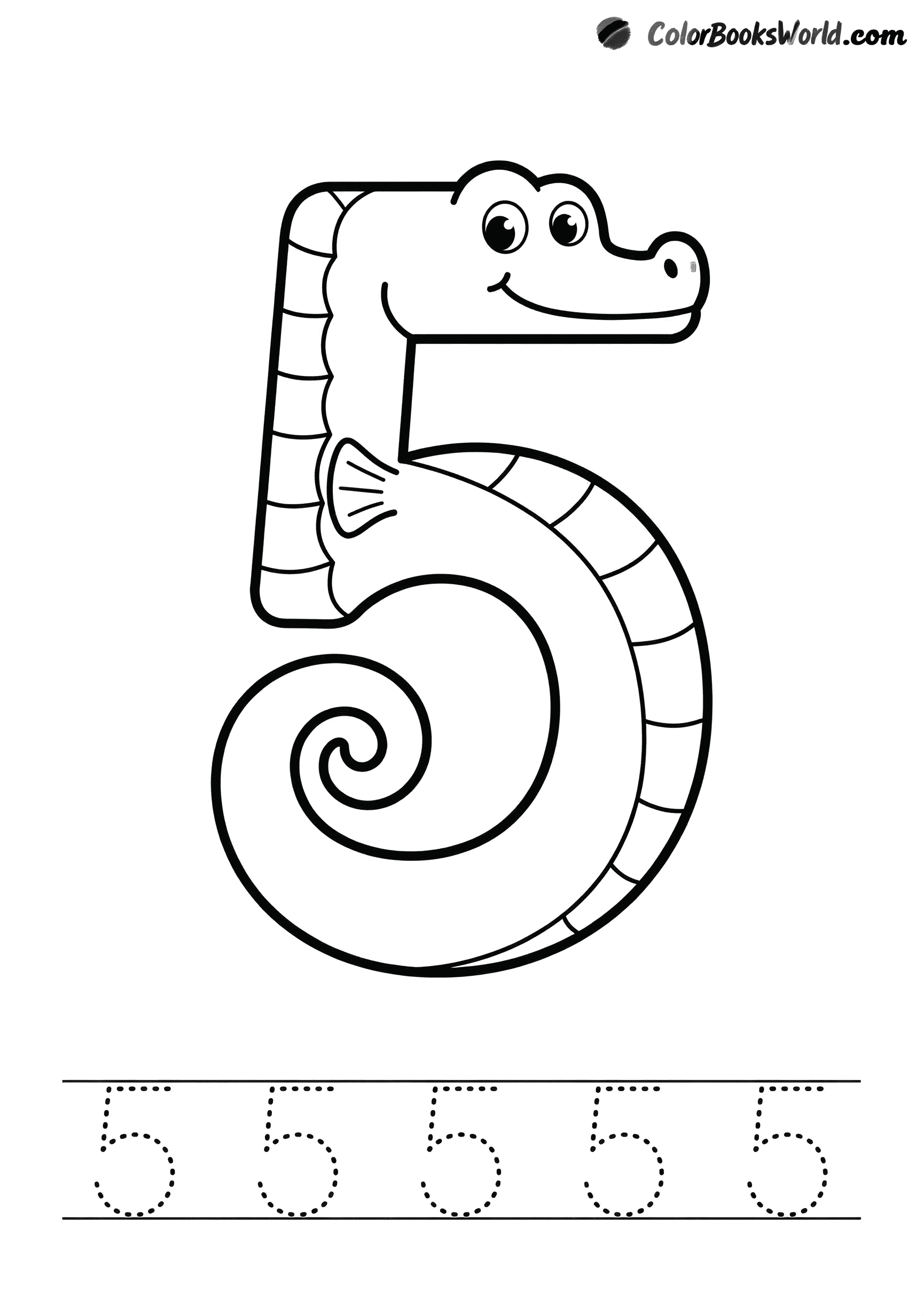 A smiling seahorse shaped like the number five, with a curled tail and friendly face.
