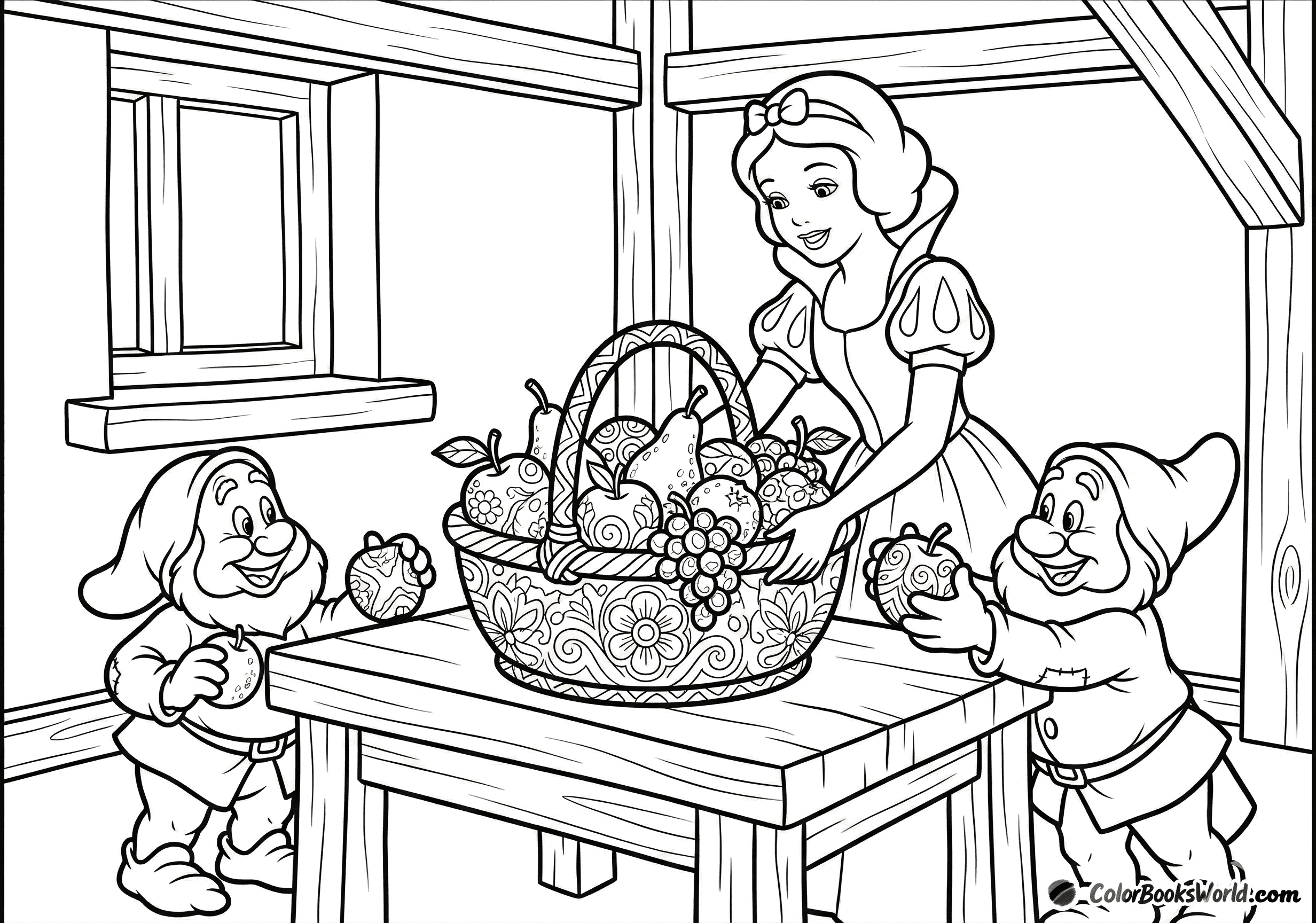 Snow White and two dwarfs arrange fruit in a large basket on a table.