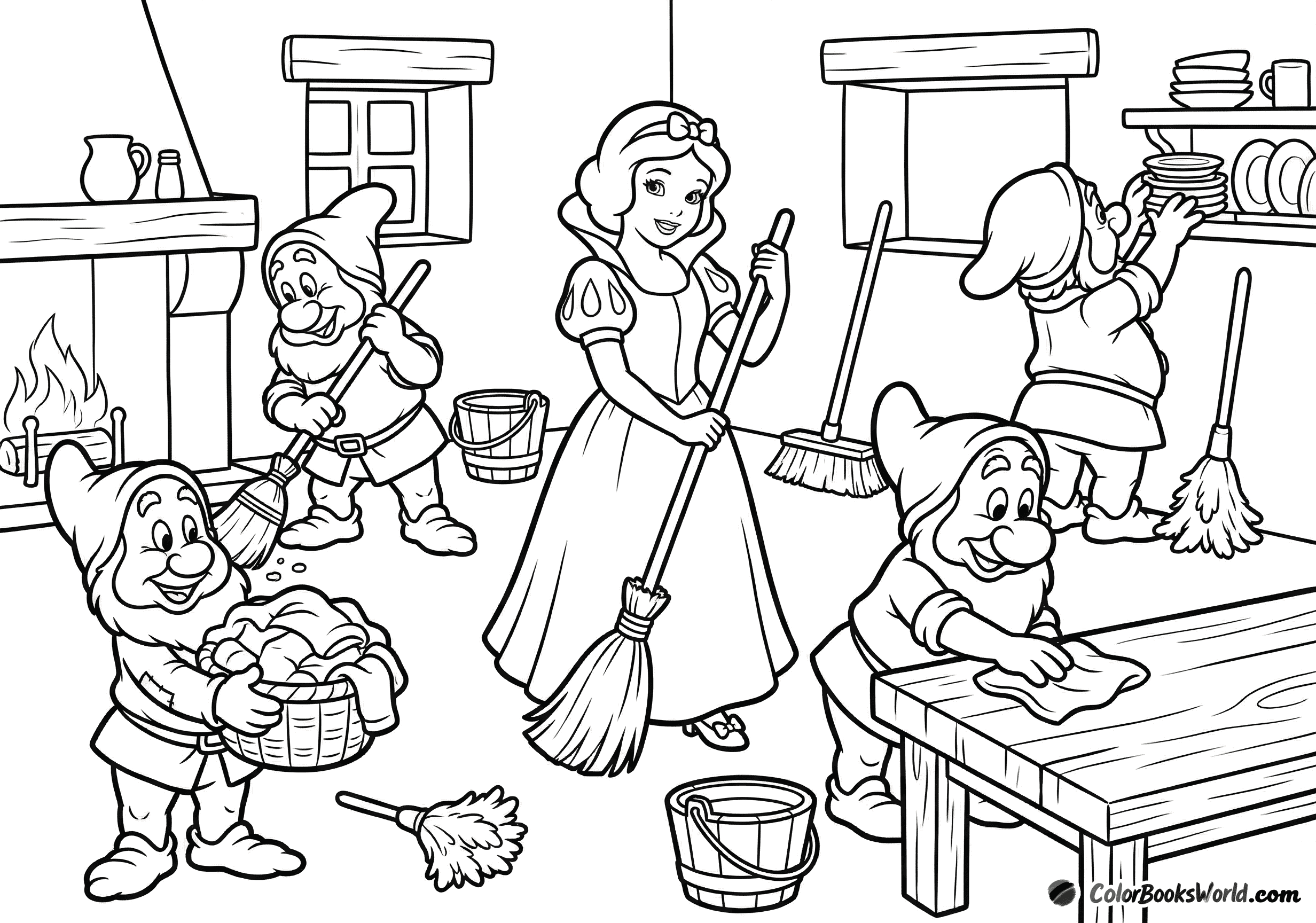 Snow White and the dwarfs clean the cottage together with brooms and baskets.