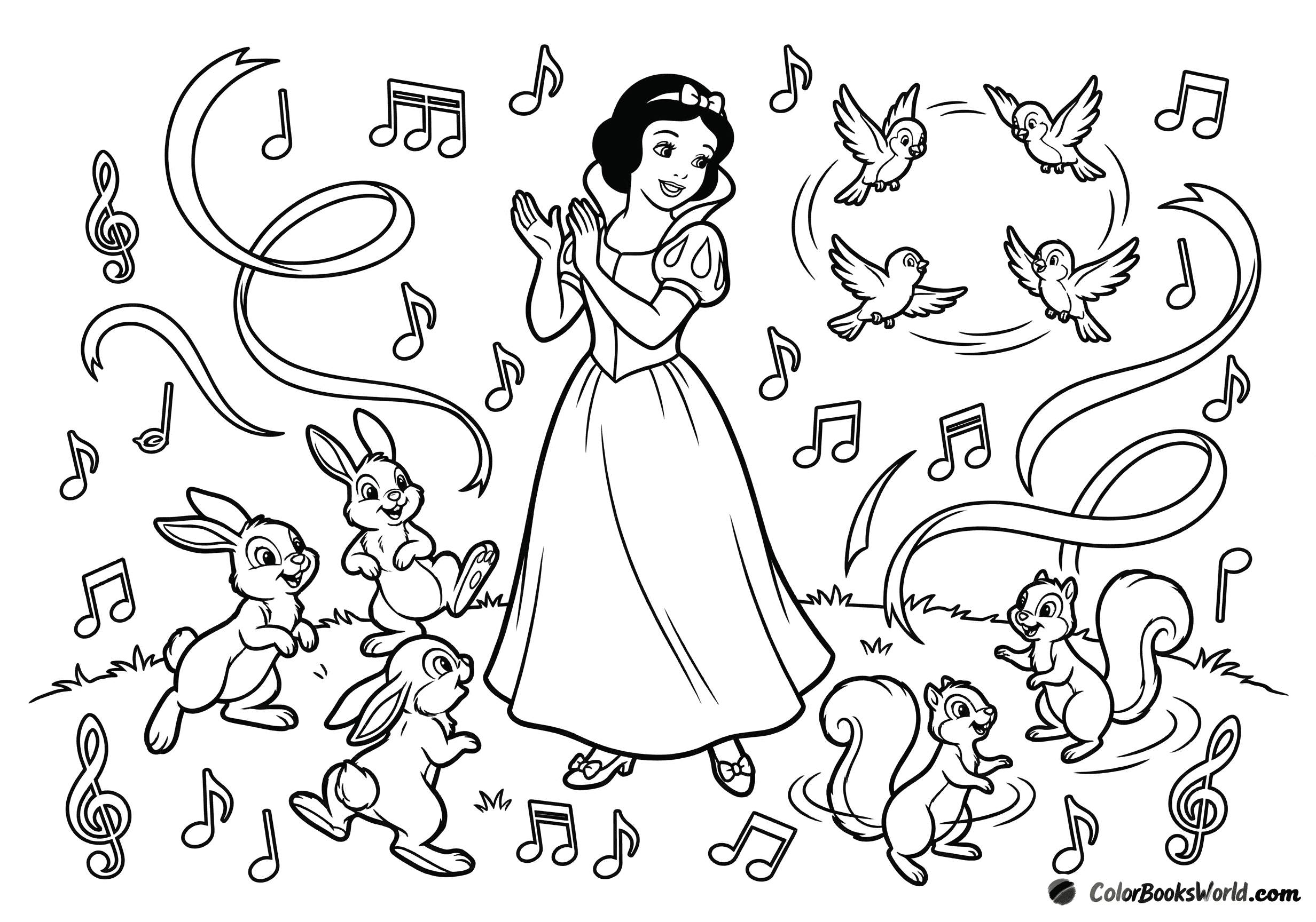Snow White claps as rabbits and squirrels dance in the forest with musical notes.