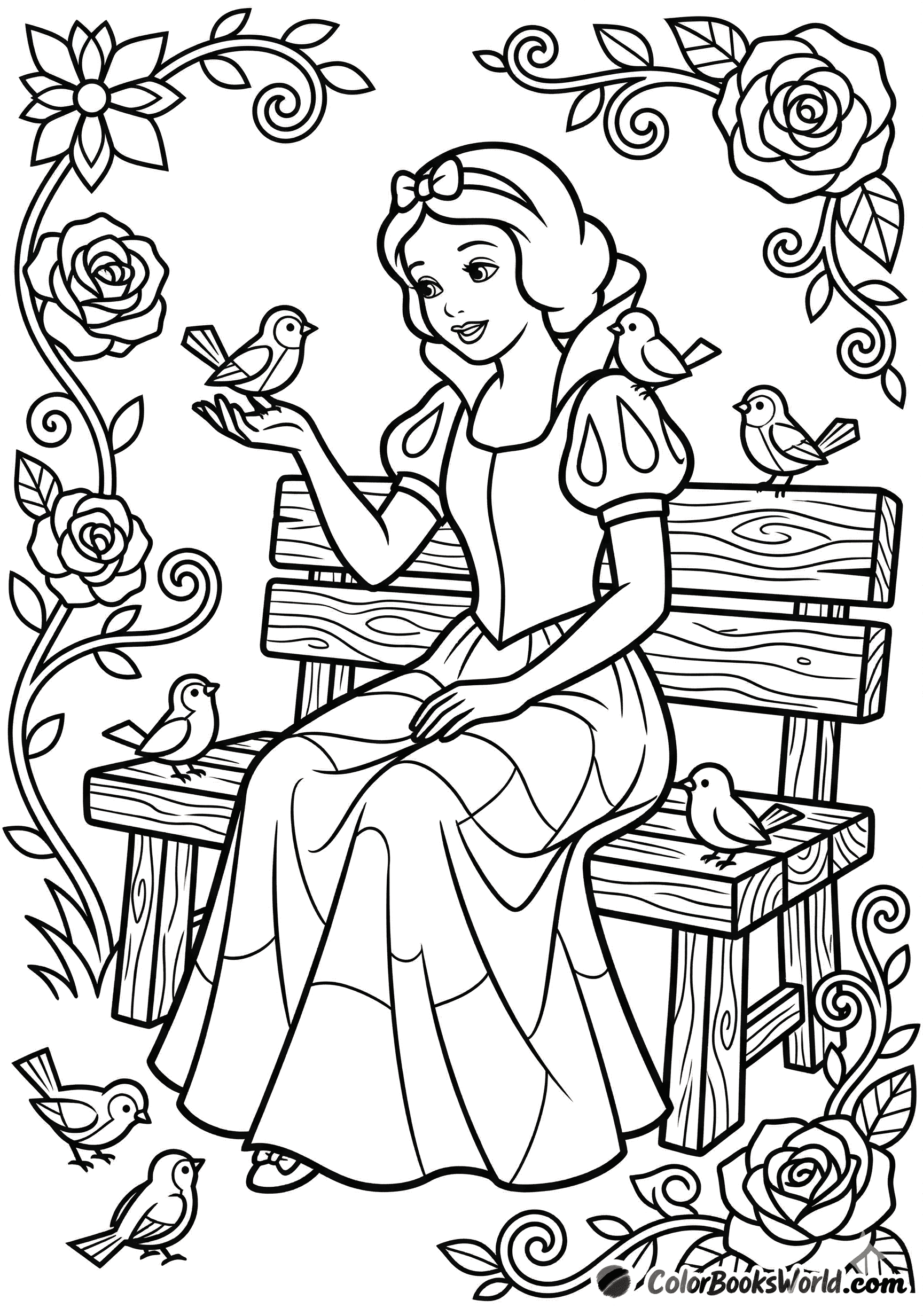 Snow White sits on a wooden bench, feeding small garden birds from her hand among roses.