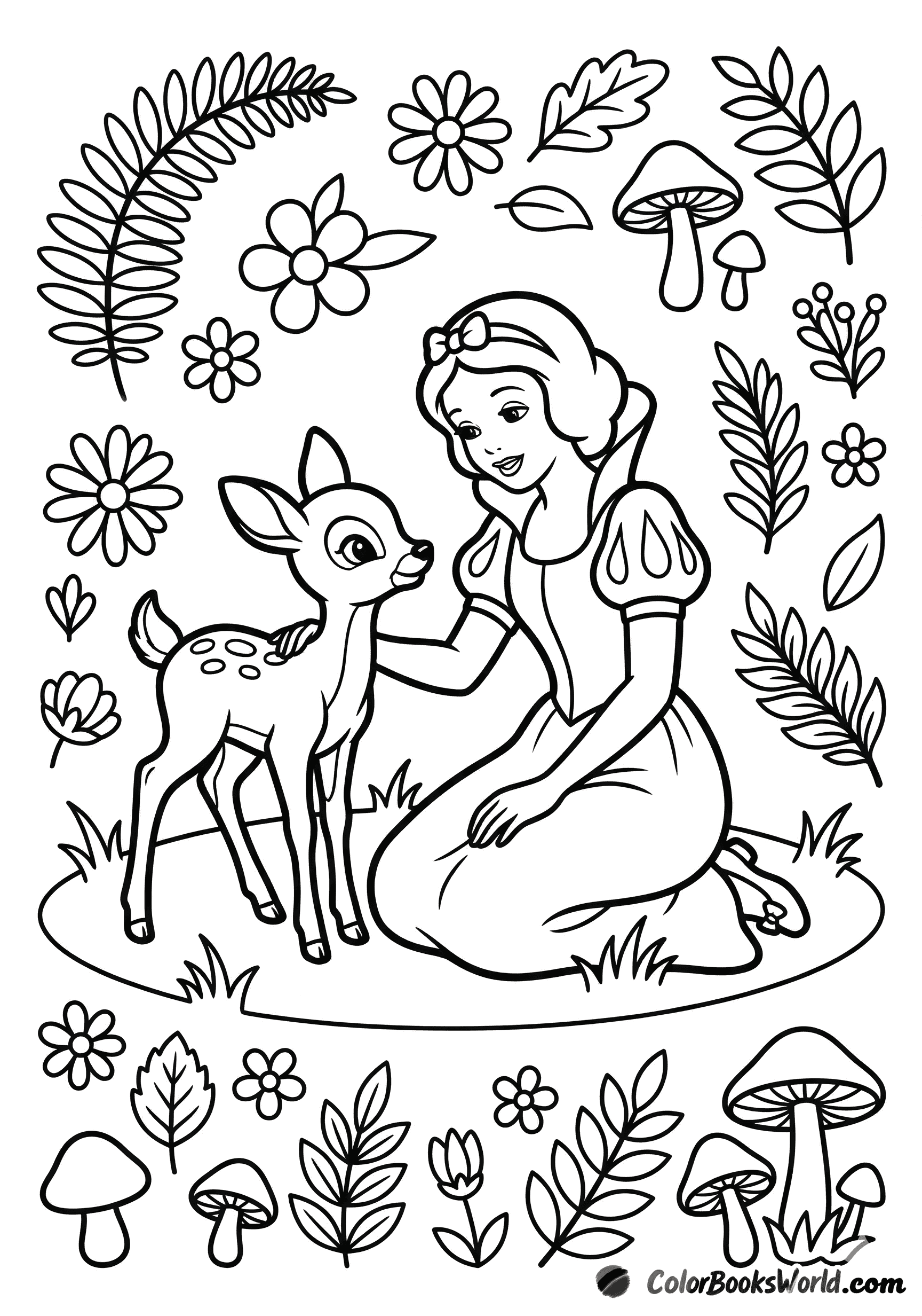 Snow White kneels on the grass and gently pets a young fawn in the forest.