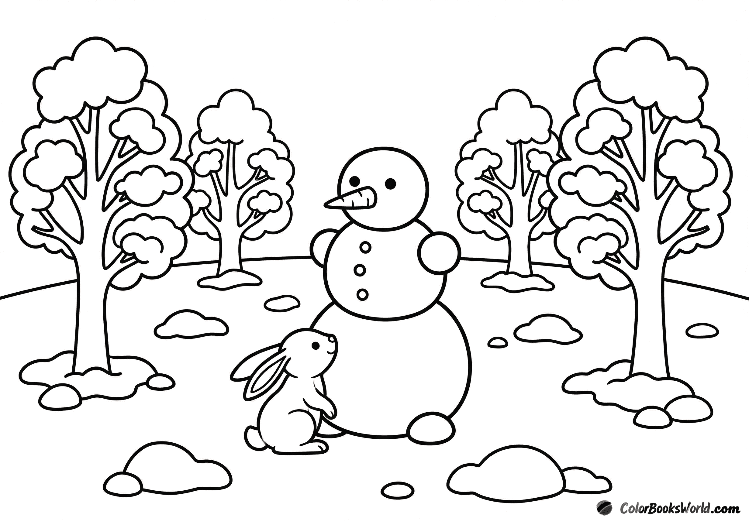 A large snowman stands in a snowy clearing as a small rabbit looks up at it.