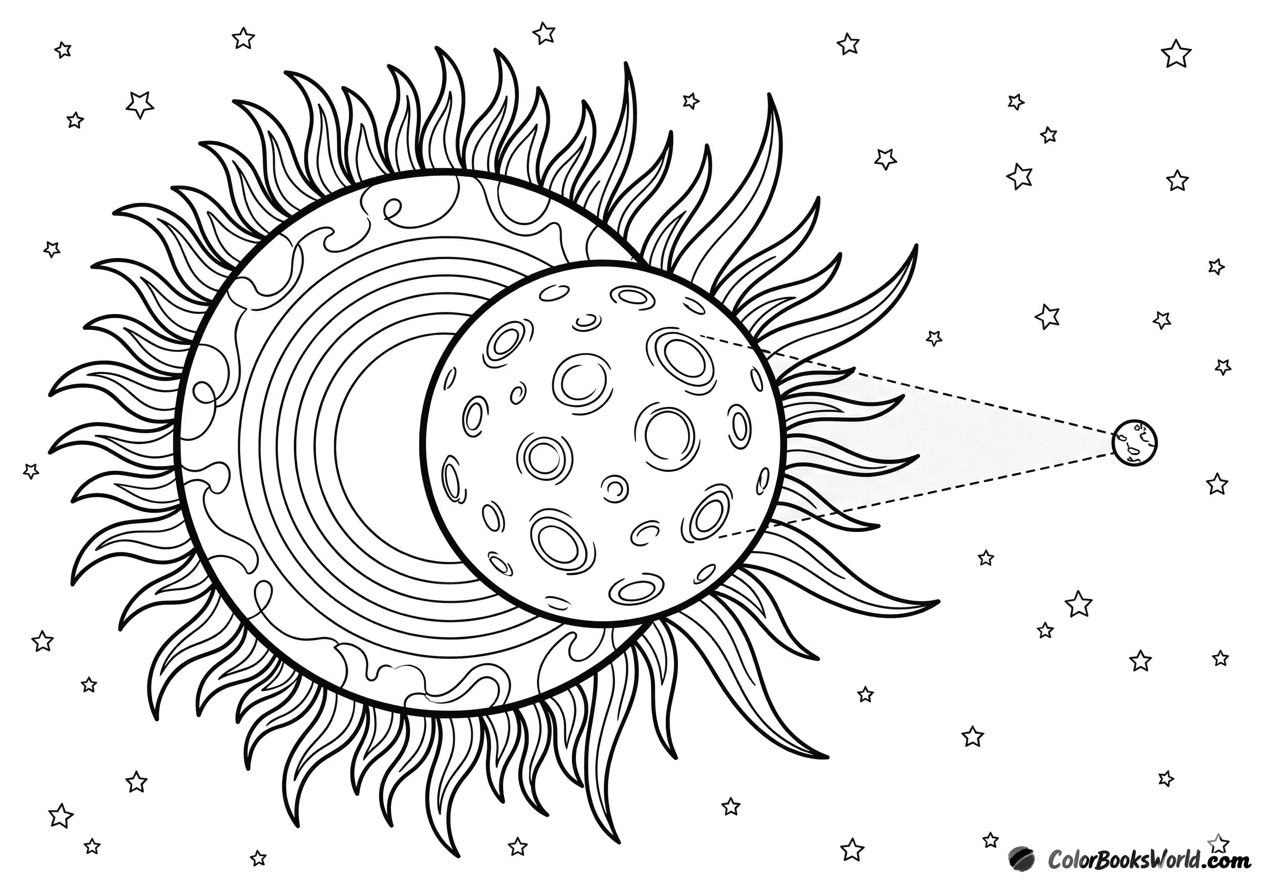 Total solar eclipse with the Moon covering the Sun, bright corona rays, and a starry background.