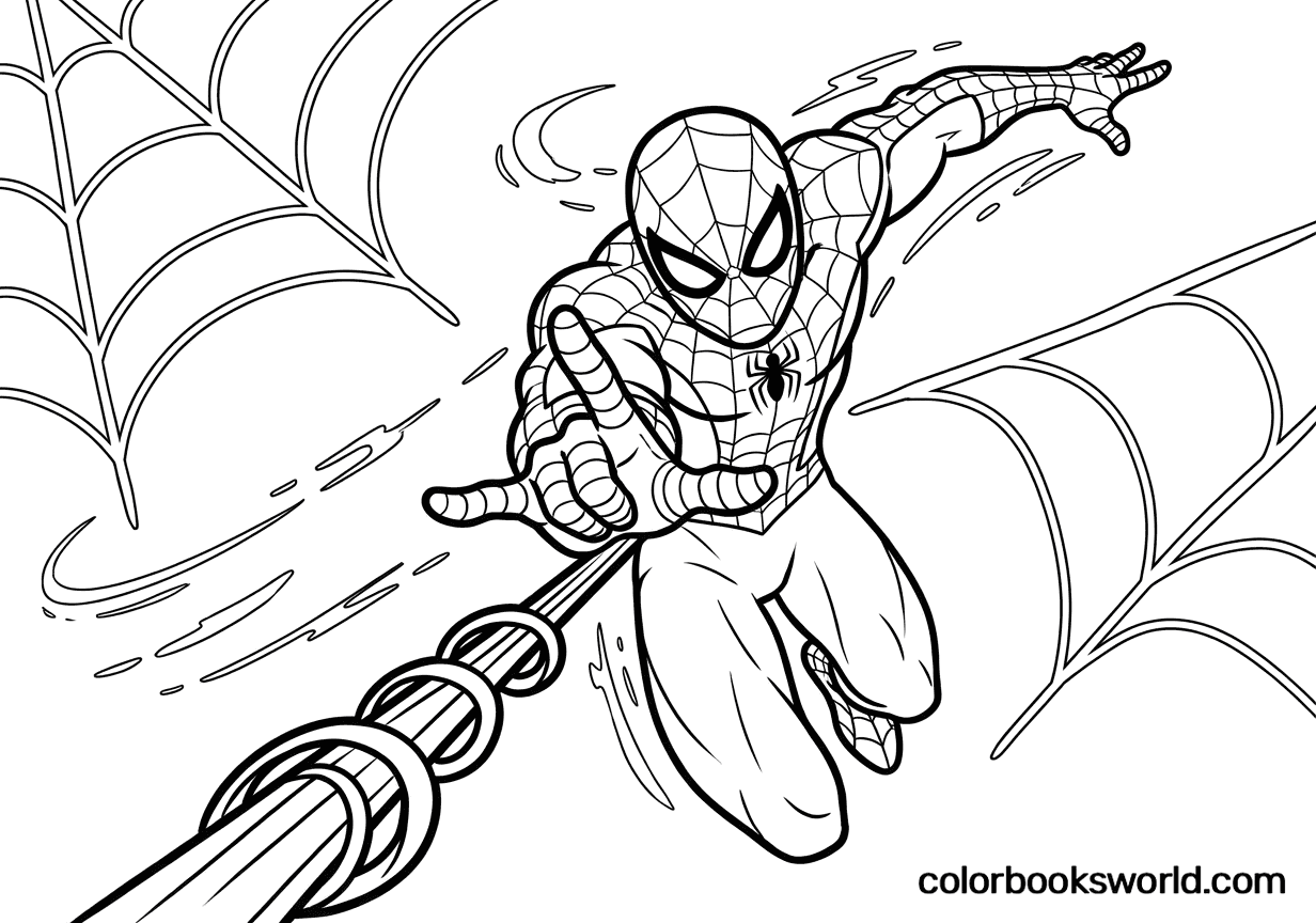 Spider-Man leaps toward the viewer while shooting a web line forward.