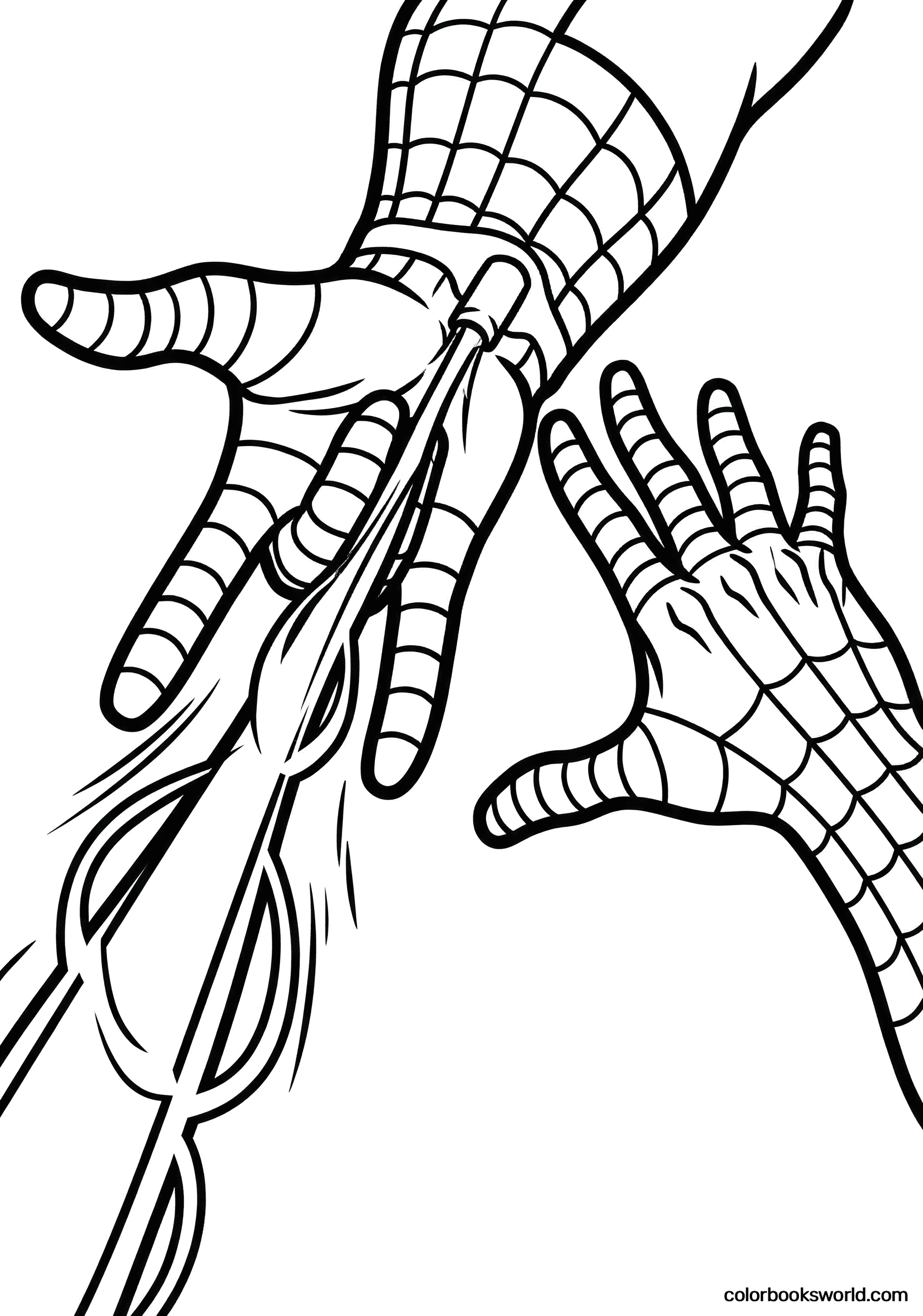 Close-up of Spider-Man’s gloved hands making the web-shooter gesture with a web line.