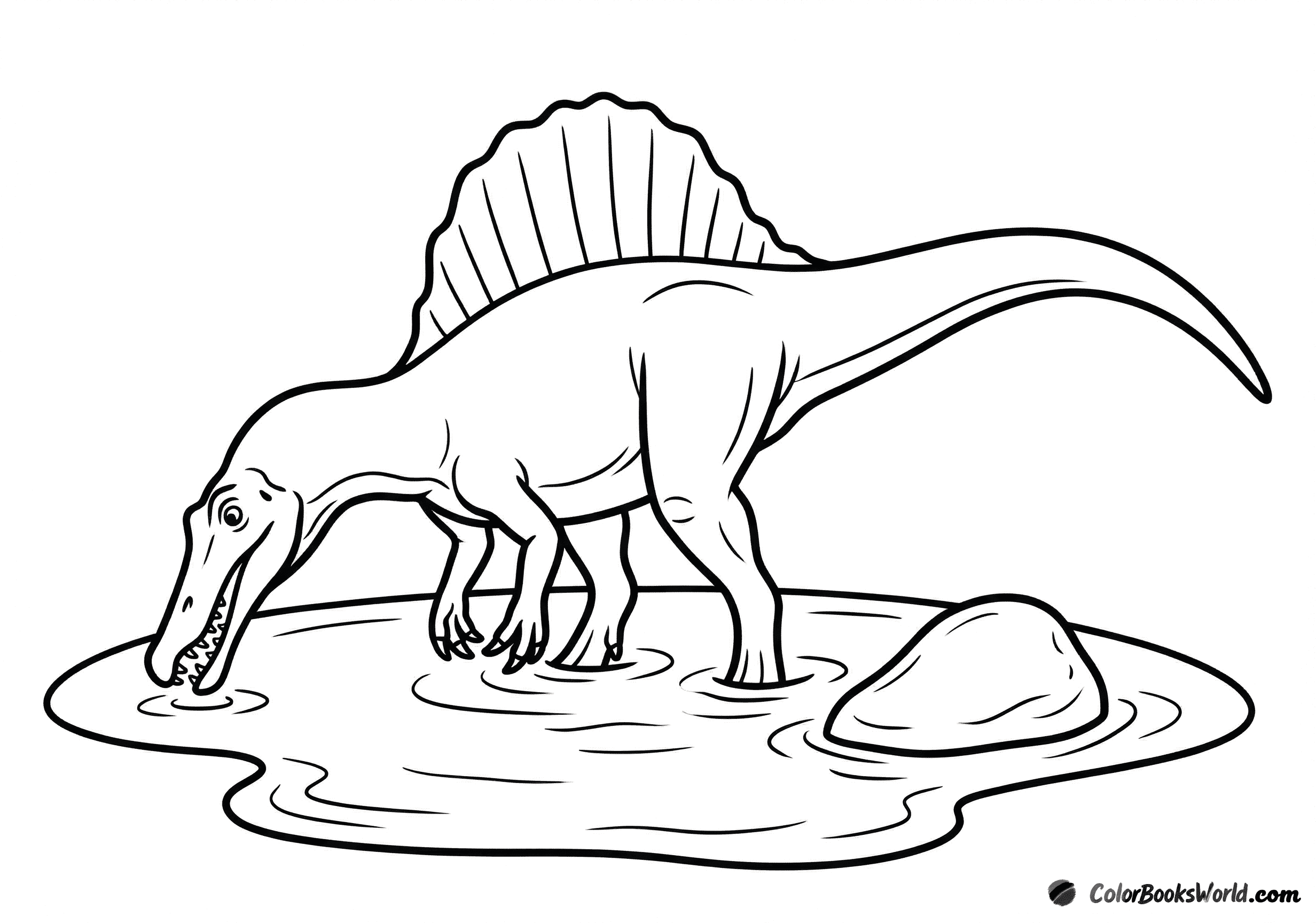 Cartoon spinosaurus leans over shallow water with its snout near the surface and a stone sticking out.