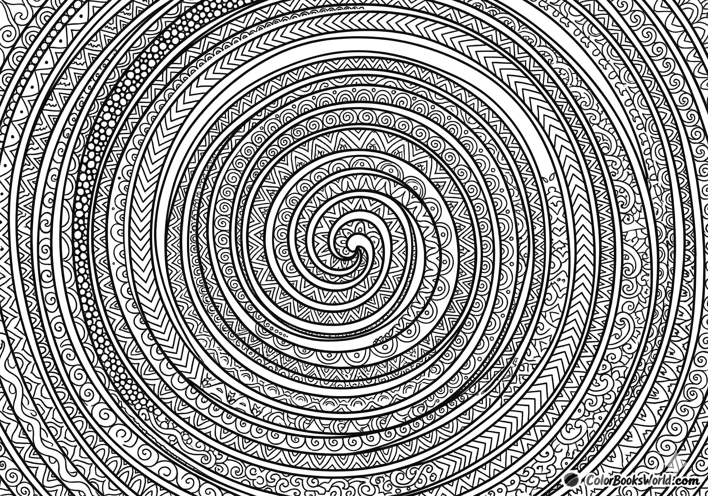 Intricate black and white line art of a large spiral with ribbons filled with dots, chevrons, and geometric ornaments.