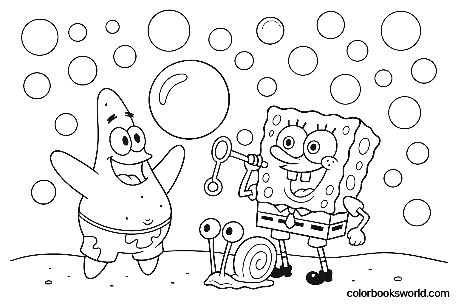 SpongeBob blows bubbles with a wand as Patrick cheers and Gary the snail watches on the sand.