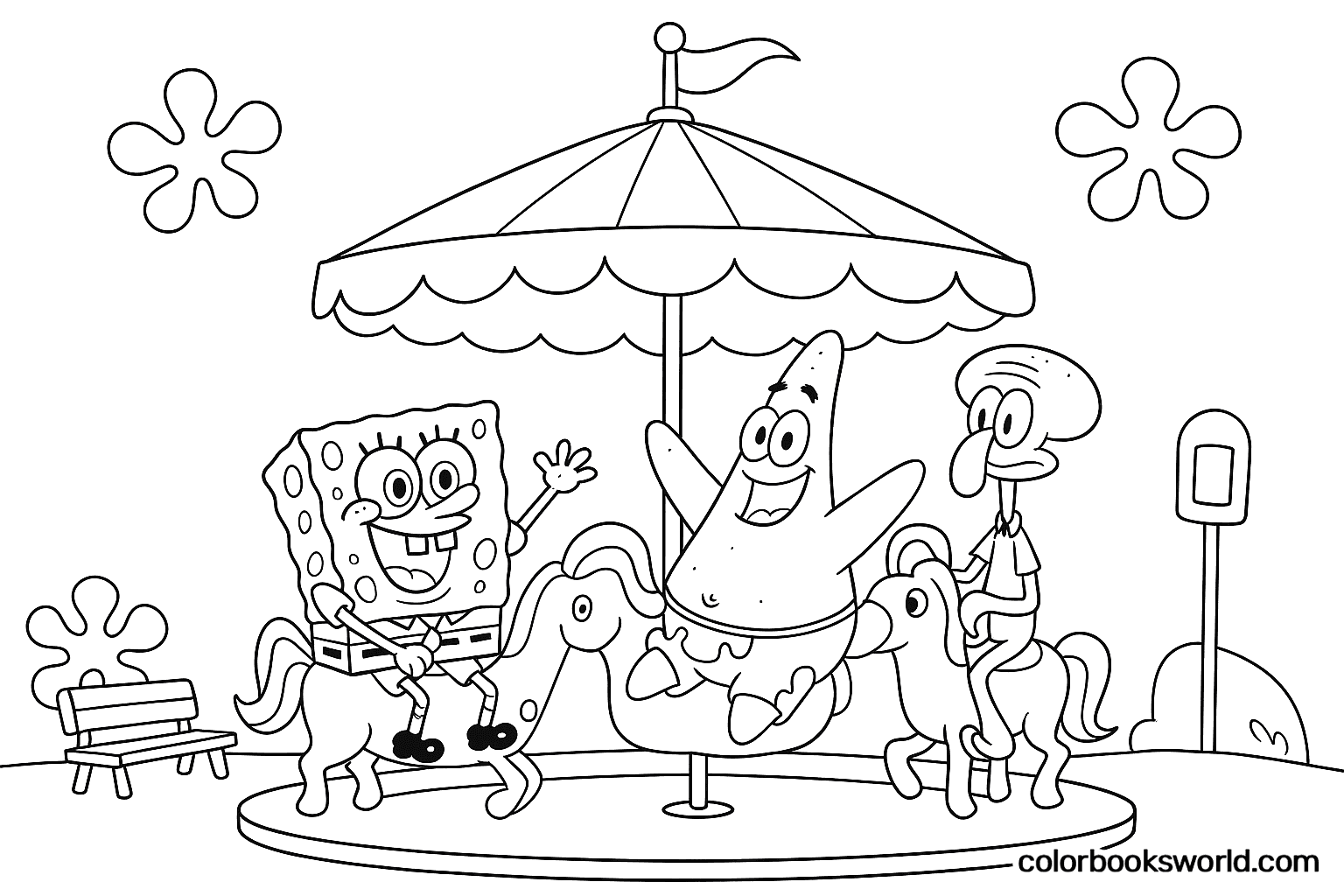SpongeBob, Patrick and Squidward ride carousel horses under a striped canopy, with Patrick raising his arms.