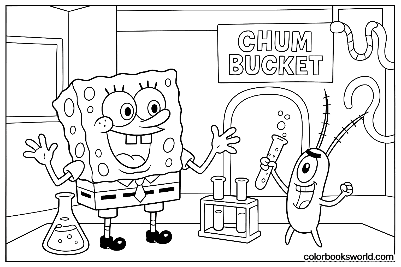 SpongeBob smiles and gestures beside Plankton holding a bubbling test tube in the Chum Bucket lab.