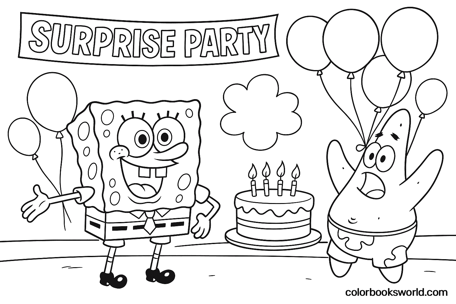 SpongeBob stands by a birthday cake and balloons as Patrick jumps under a “Surprise Party” banner.