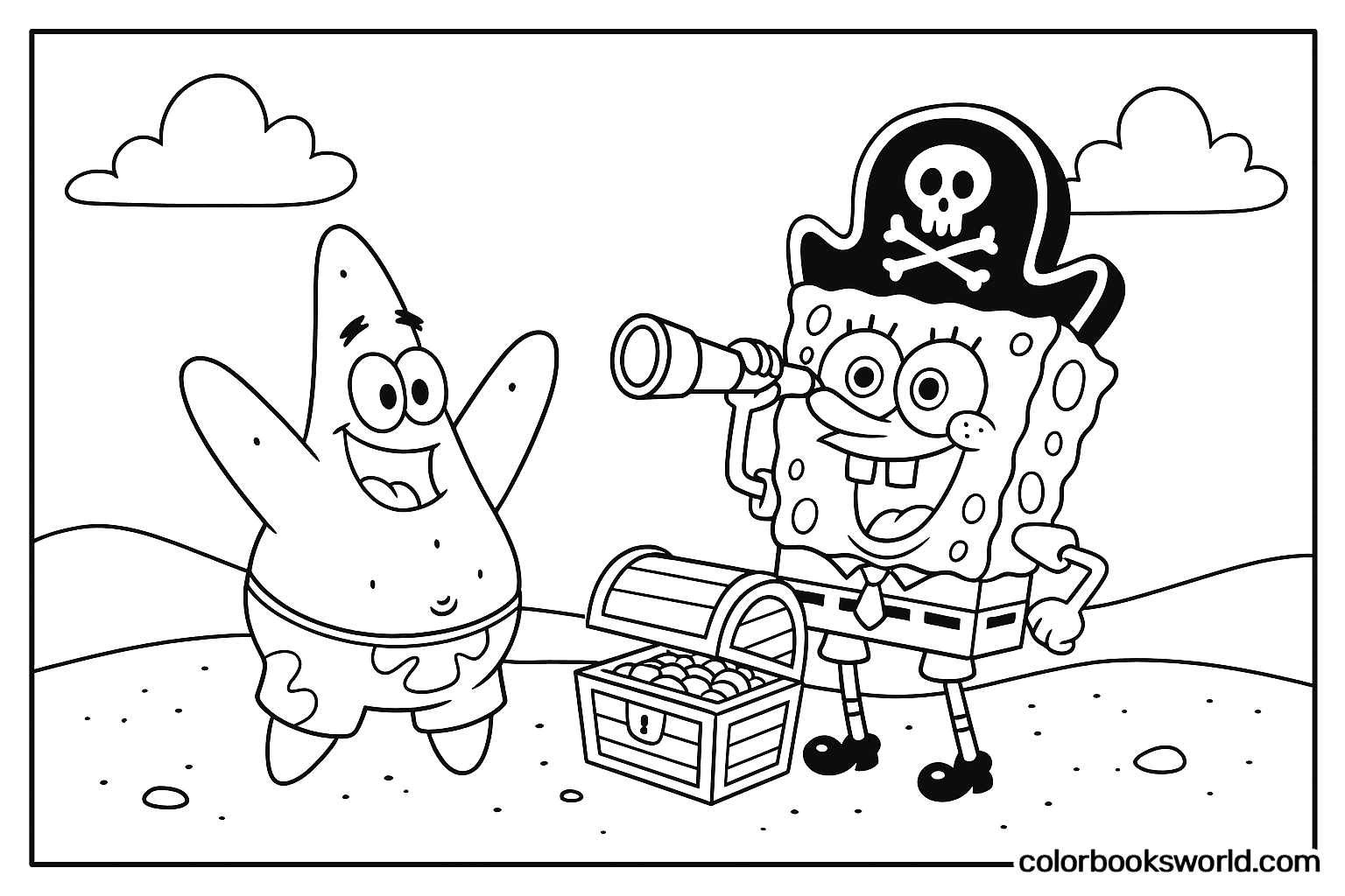 SpongeBob in a pirate hat looks through a spyglass at a treasure chest as Patrick cheers on the beach.