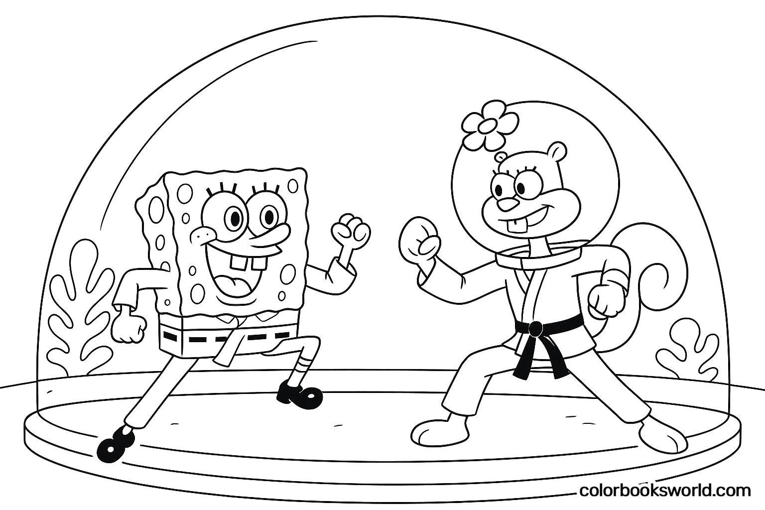Bob Esponja y Sandy se enfrentan en posturas de kárate dentro de una cúpula transparente.