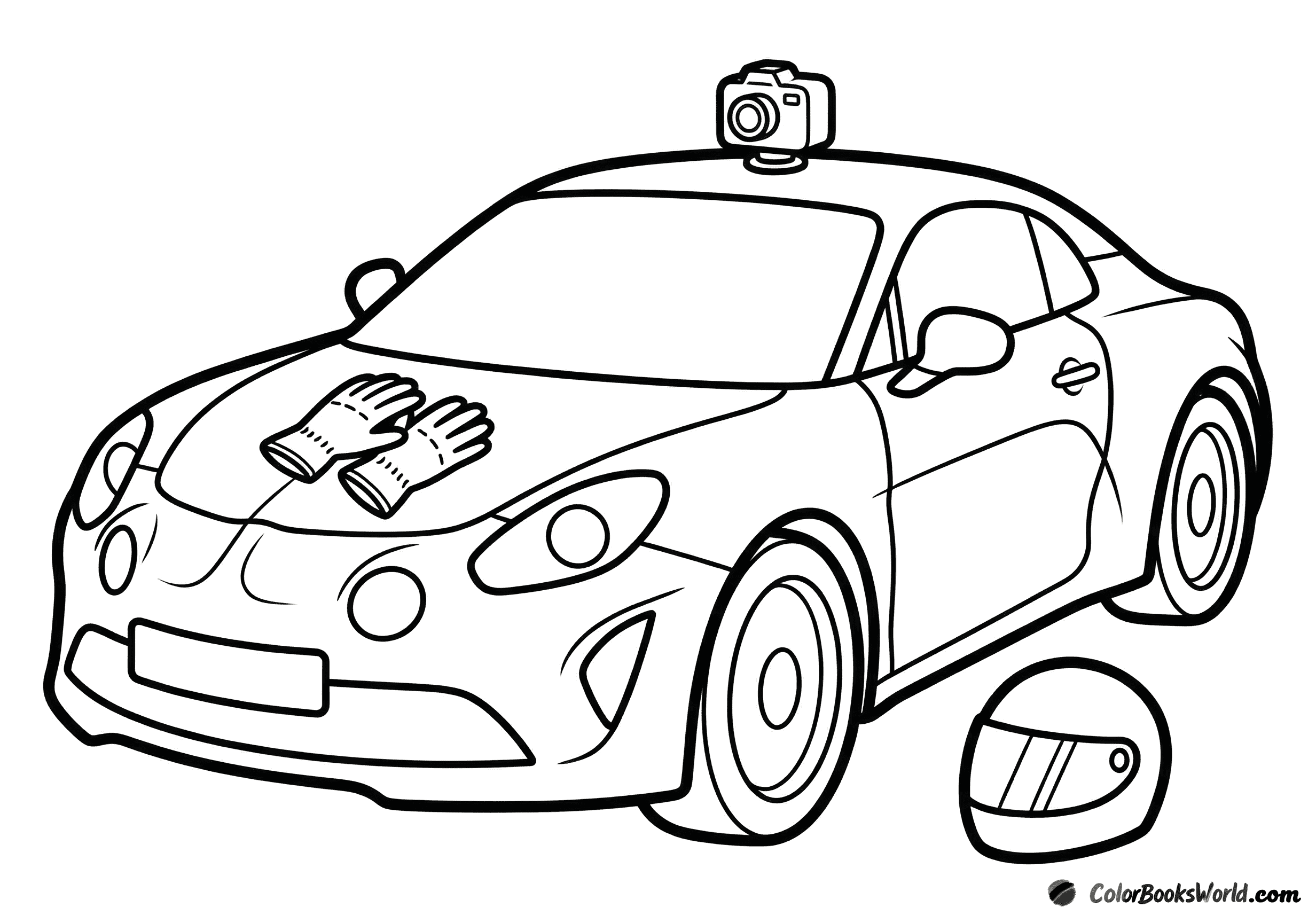 Cartoon-Sportcoupé in Dreiviertelansicht mit Fahrhandschuhen auf der Haube und einem Rennhelm neben dem Rad.