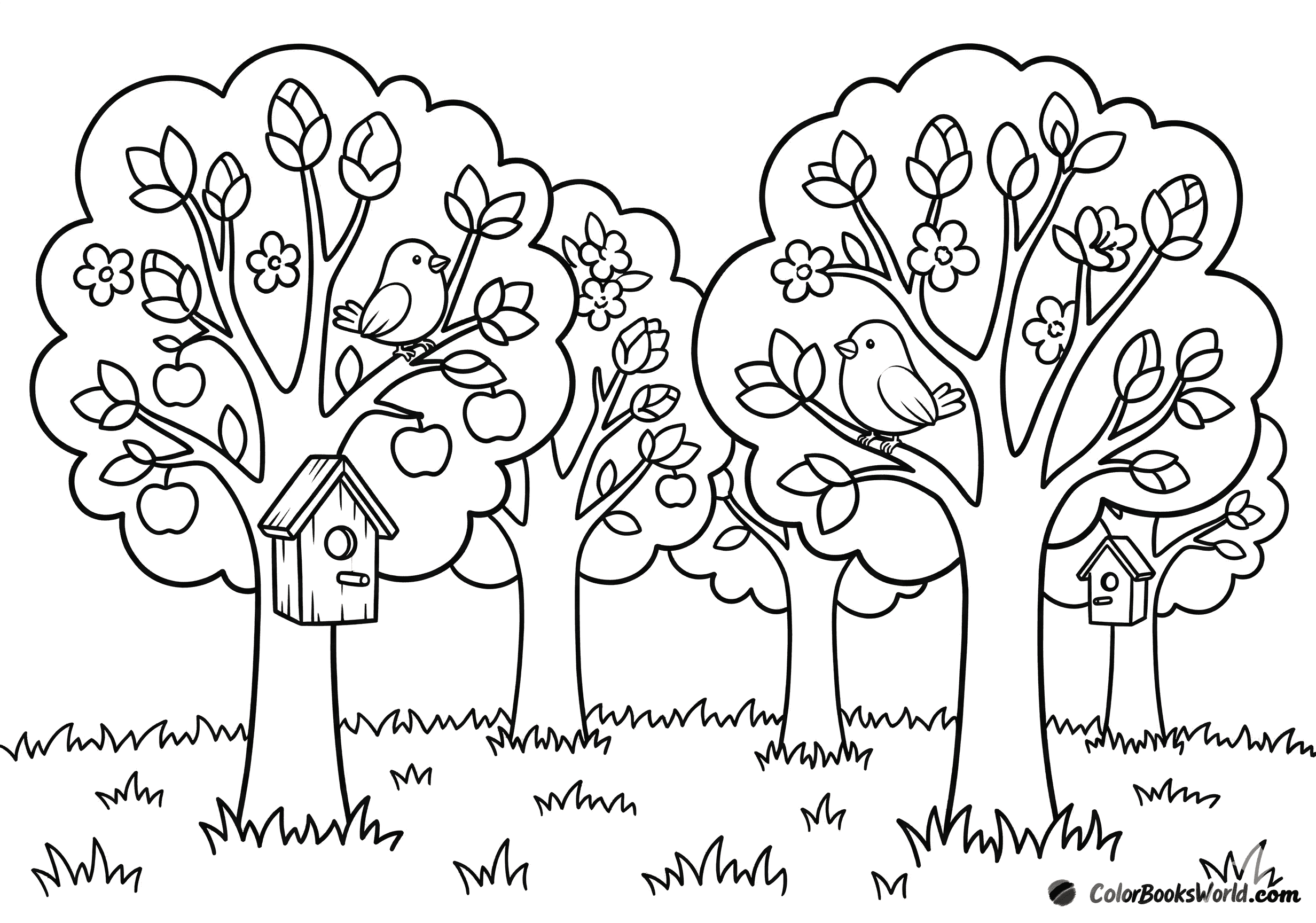 Blooming apple orchard with birdhouses on tree trunks and two small birds perched nearby.