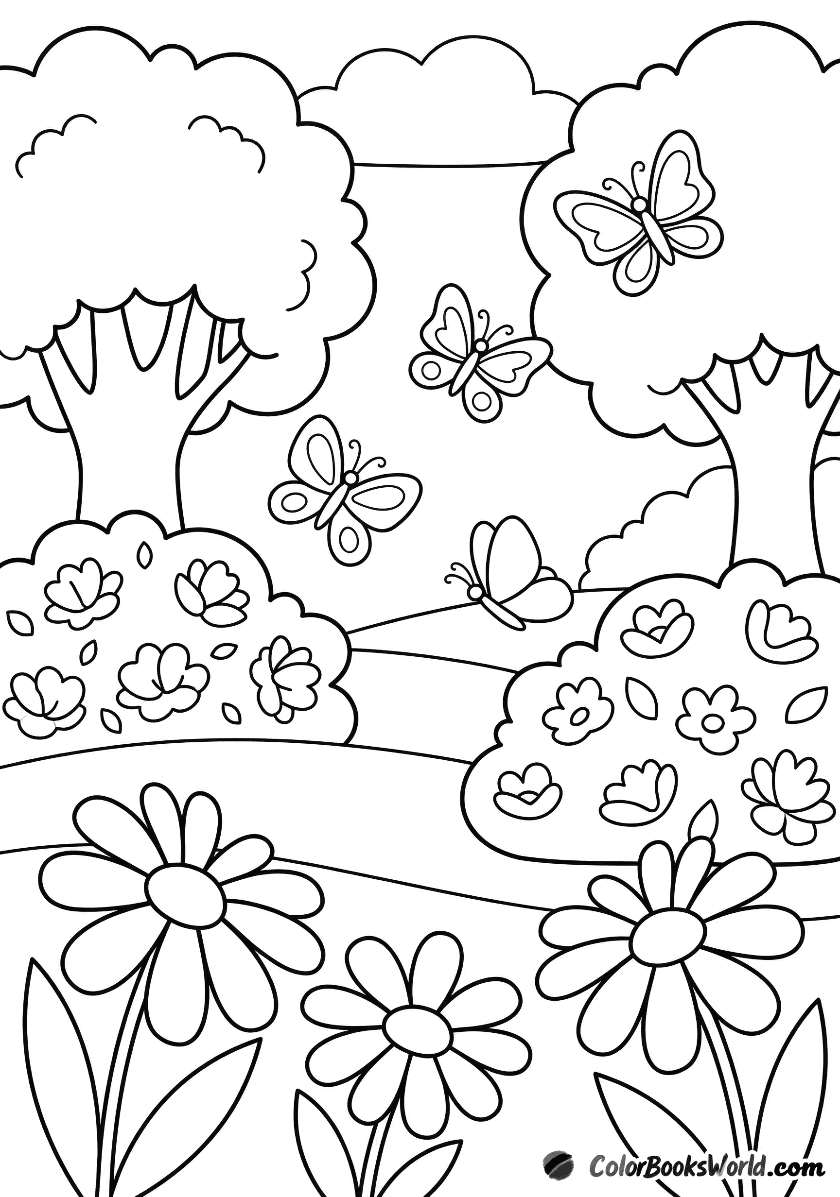 Sunny forest glade with butterflies, flowering bushes, large daisies, and rounded trees.