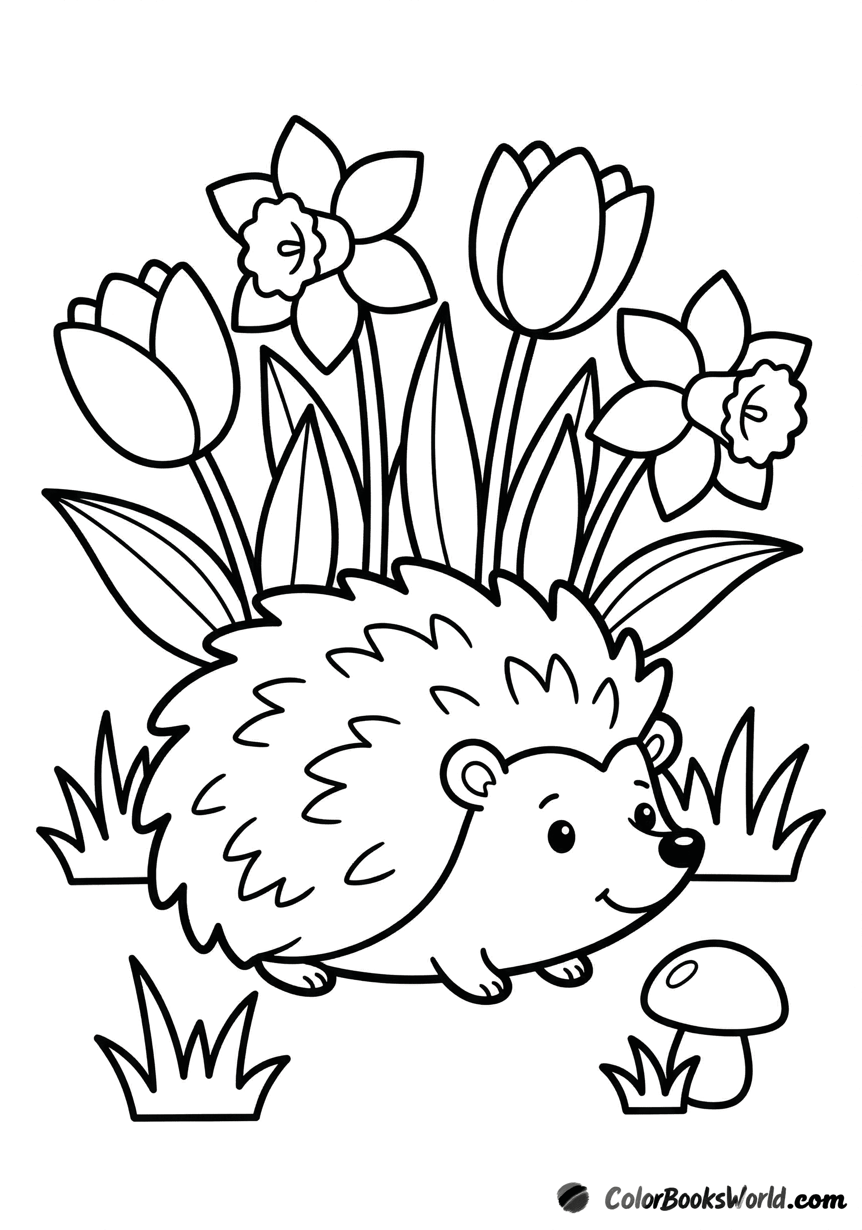 A cute hedgehog curled up under large spring flowers, with a small mushroom nearby.