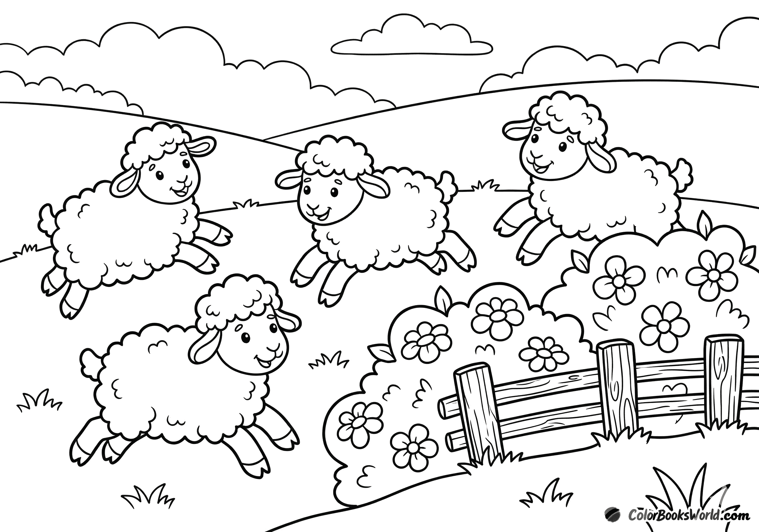 Three fluffy lambs leap on a spring pasture beside blossoming bushes and a low wooden fence.