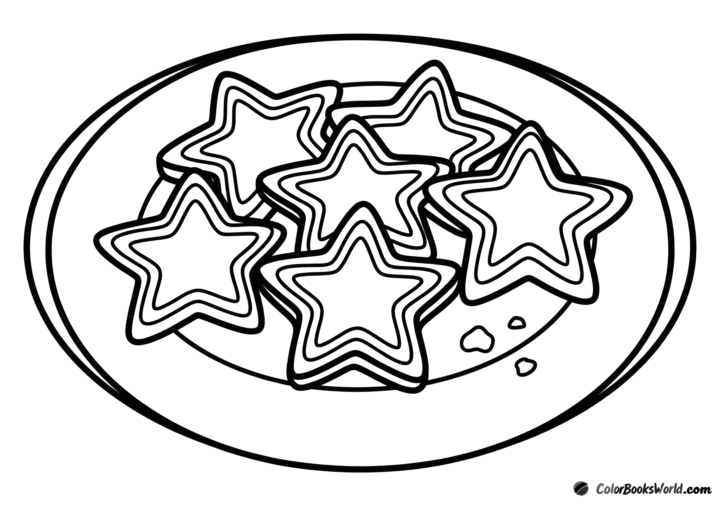A round plate holding five star-shaped cookies with icing outlines and two small crumbs.