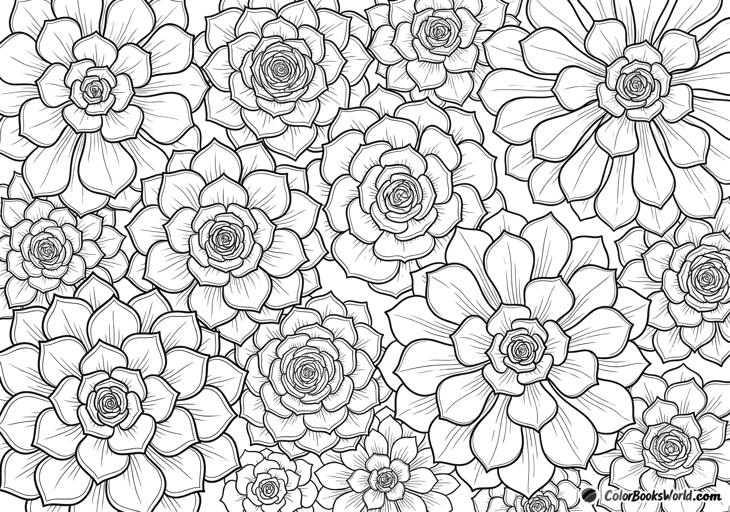 Detailed illustration of overlapping succulent rosettes with layered leaves, including Echeveria and Sempervivum.