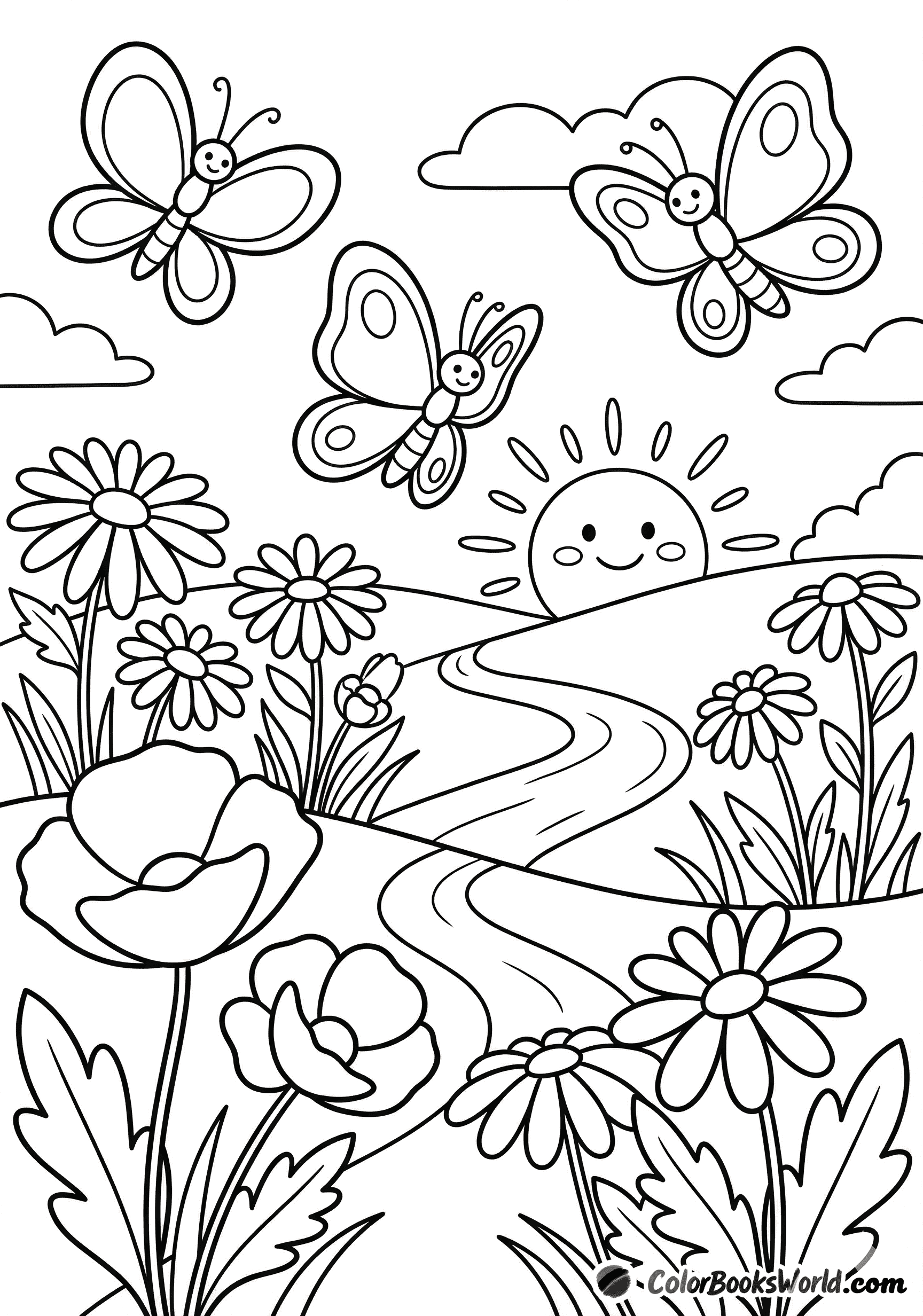 En snoet sti gennem en sommereng med vilde blomster og sommerfugle under en smilende sol.