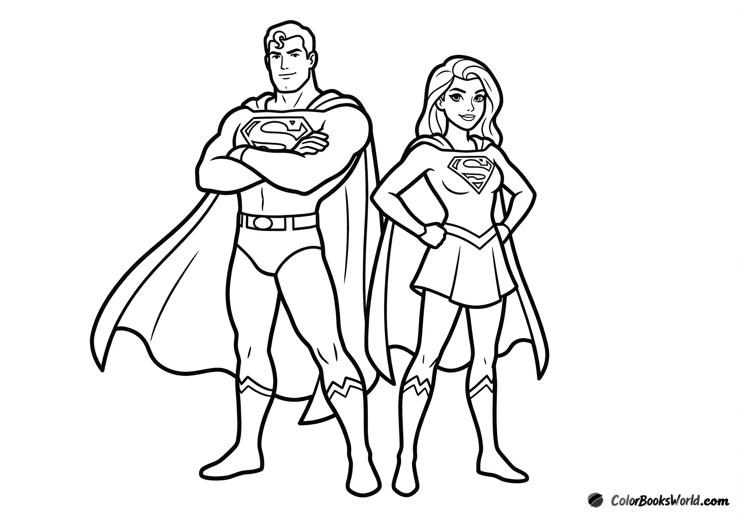 Two caped superheroes stand side by side, hands on hips, with S-shaped emblems on their chests.