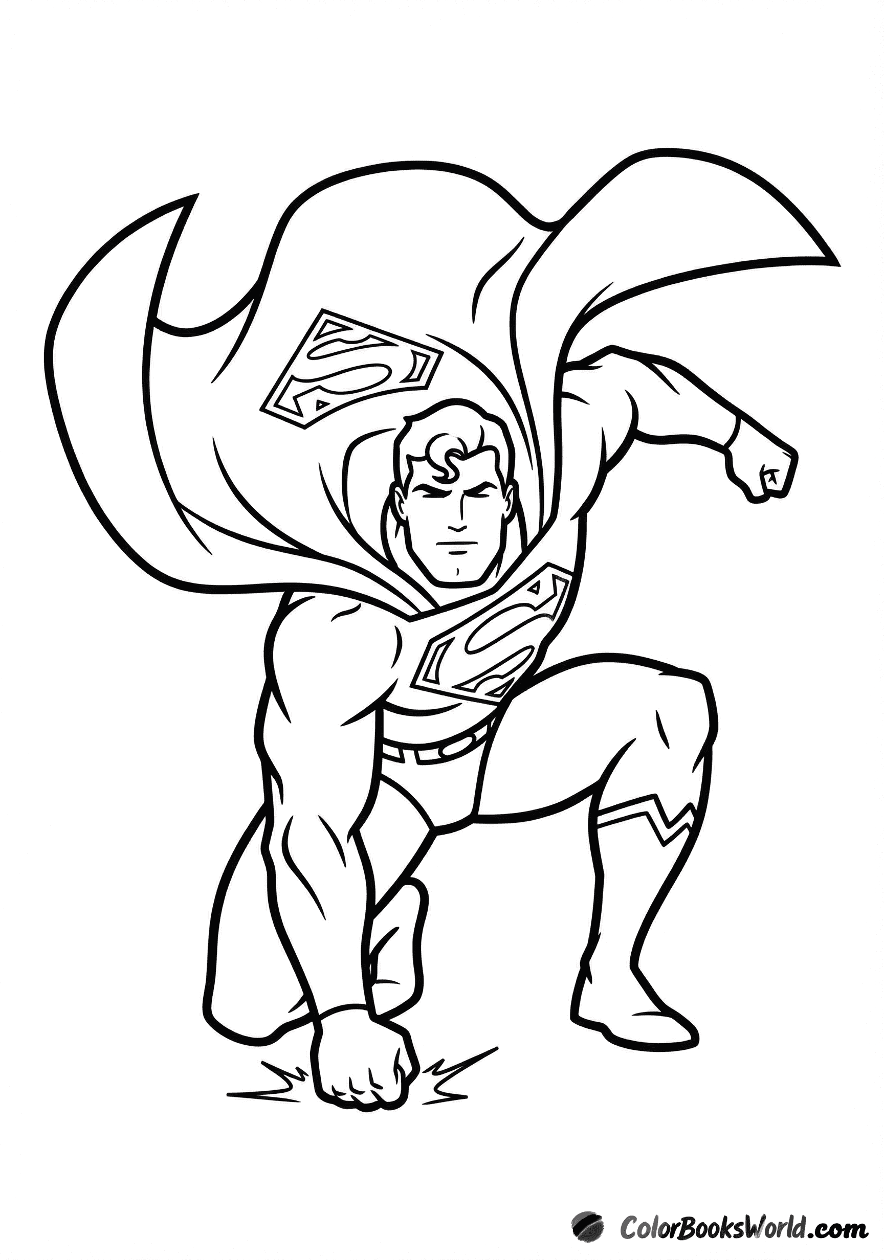 Muscular superhero kneels with fist in the ground, cape billowing and an S-shaped chest emblem.