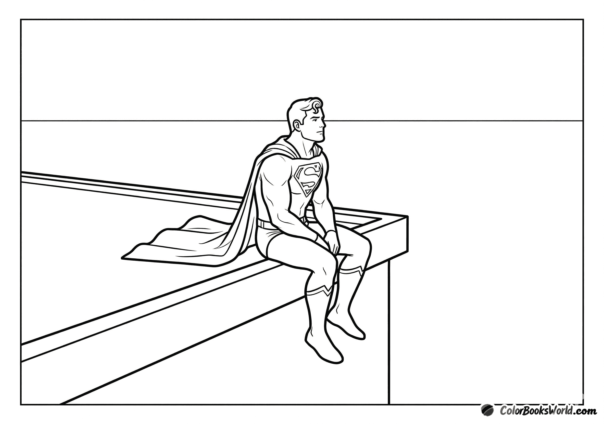 A muscular caped superhero sits on a rooftop edge, looking out toward the horizon.