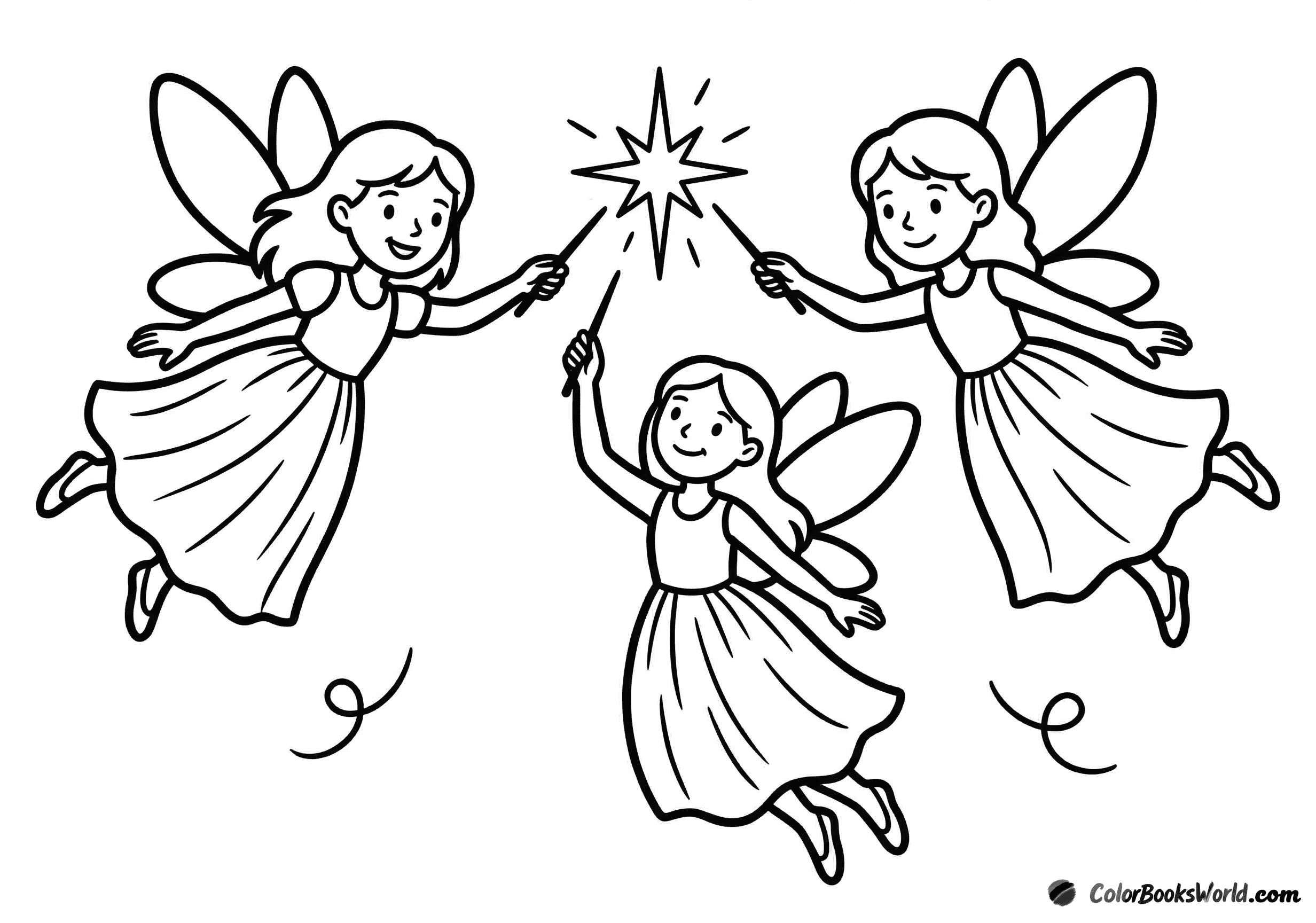 Three flying fairies point their wands at a shared sparkling burst of light.