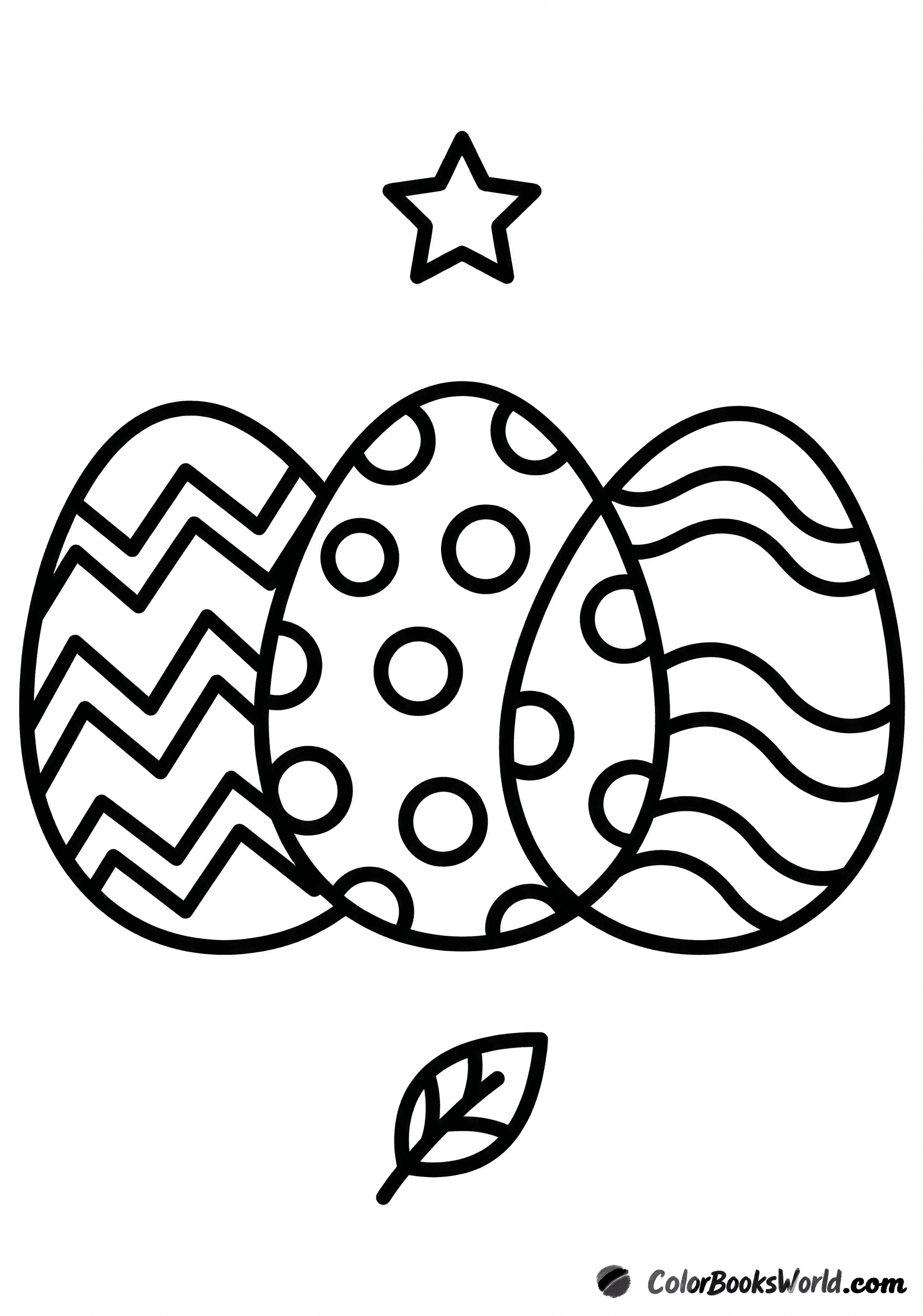 Three decorated Easter eggs with zigzag, dot, and wave patterns, plus a small star and leaf.