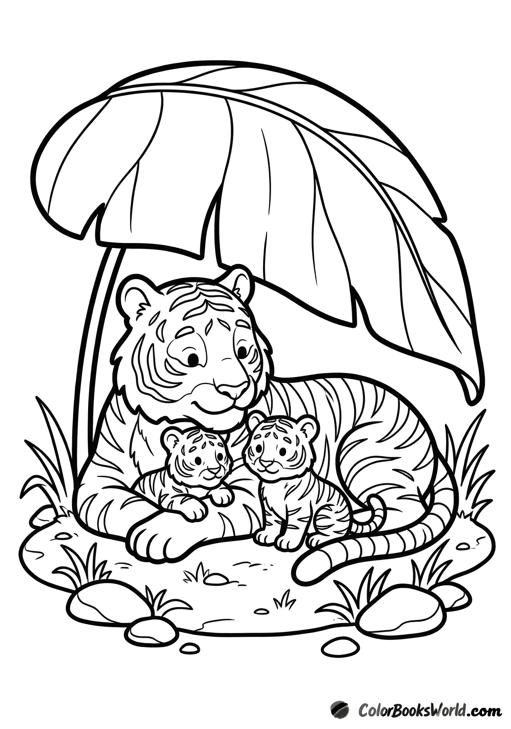 A tigress cuddles with two cubs under a large leaf, surrounded by pebbles and grass.