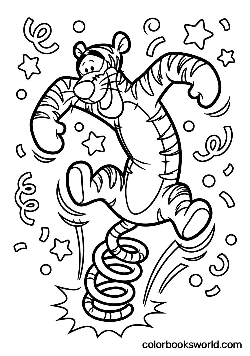 Tigger bounces on a coiled spring as confetti and stars float around him.