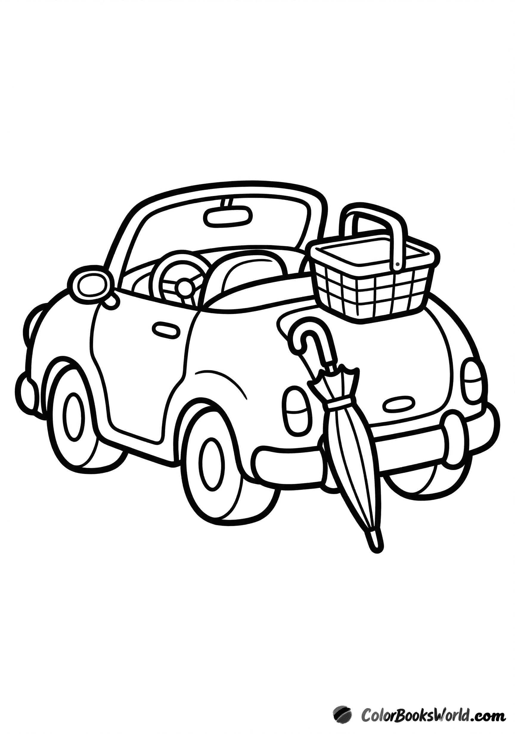 Rear view of a tiny two-seat convertible with a picnic basket and a closed umbrella.