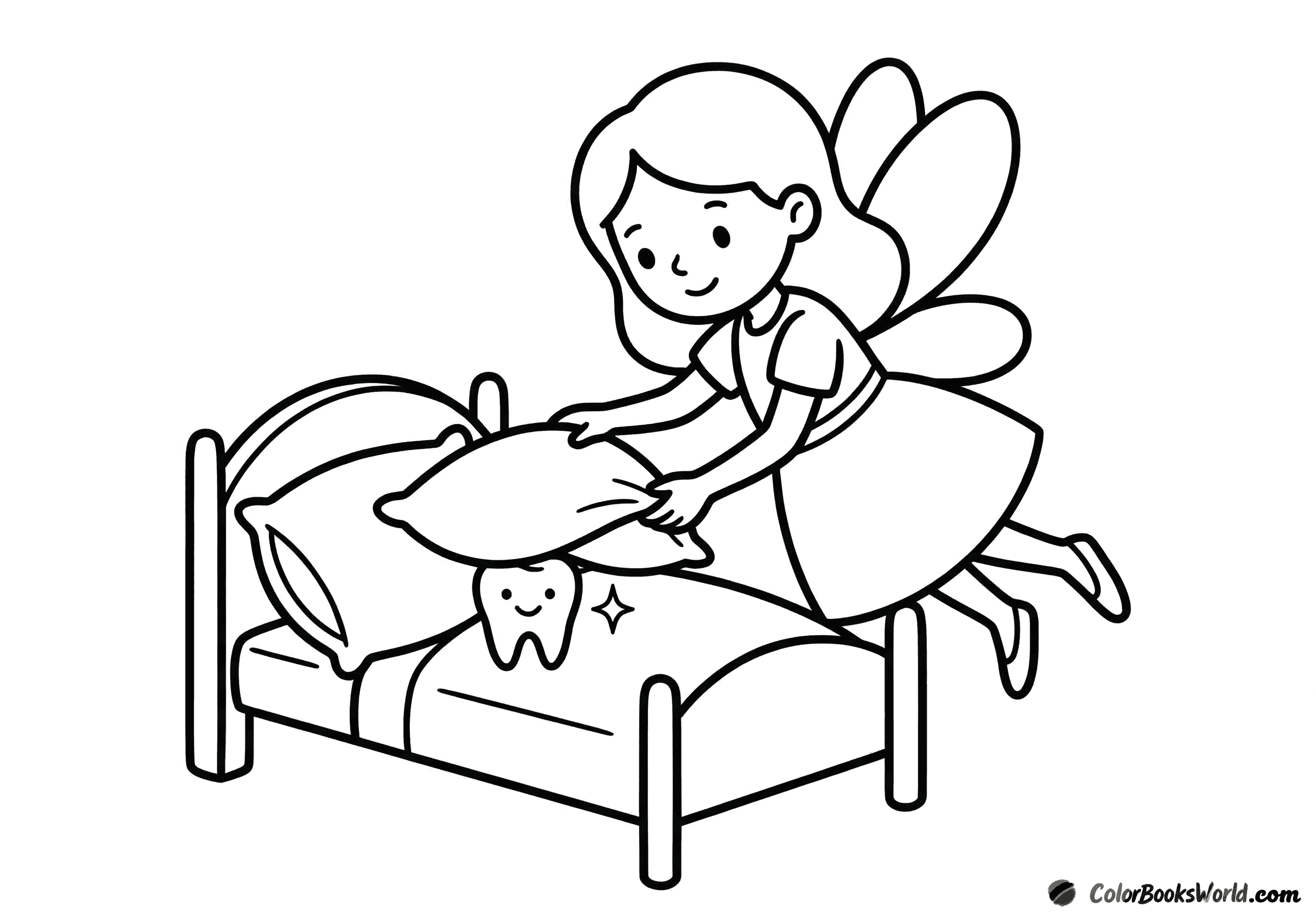 A tooth fairy lifts a pillow on a small bed to take a tooth hidden underneath.
