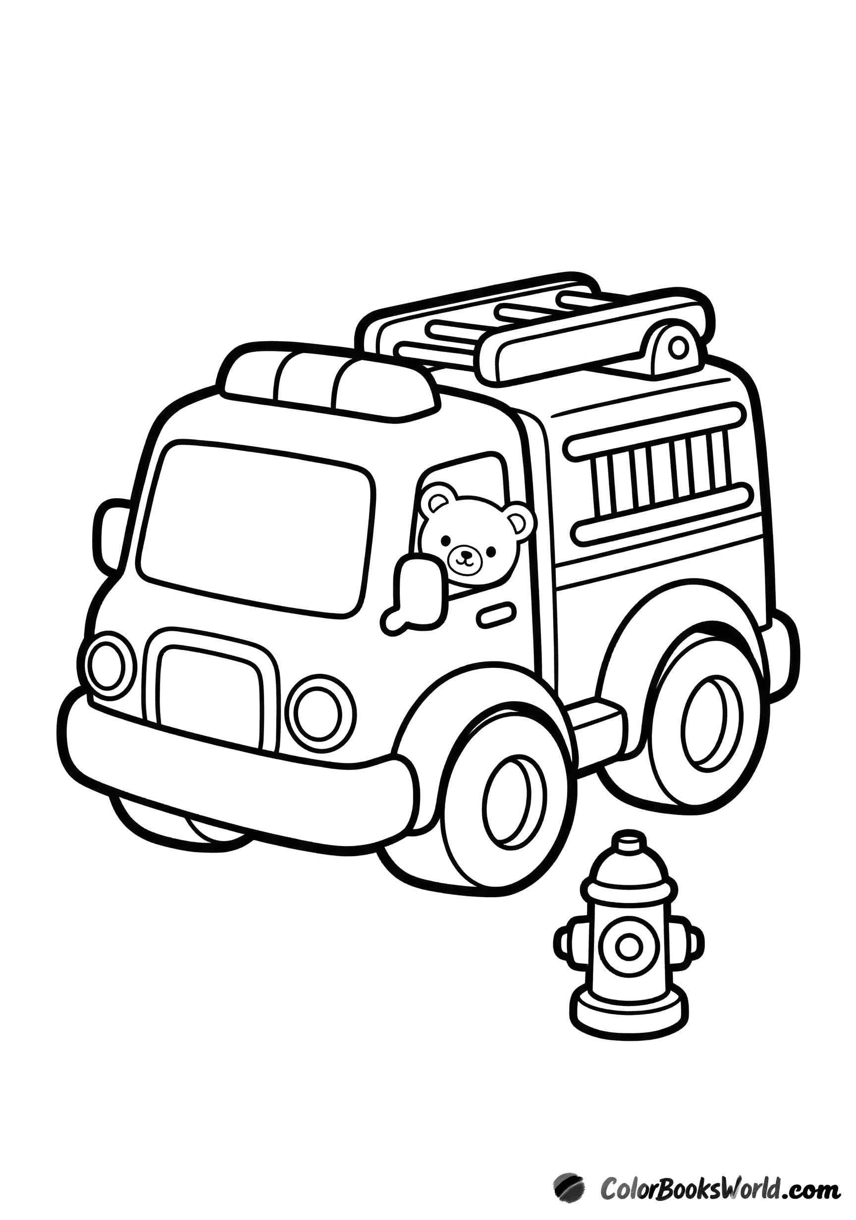 Toy fire truck with big wheels, a teddy bear in the cab, and a small fire hydrant.