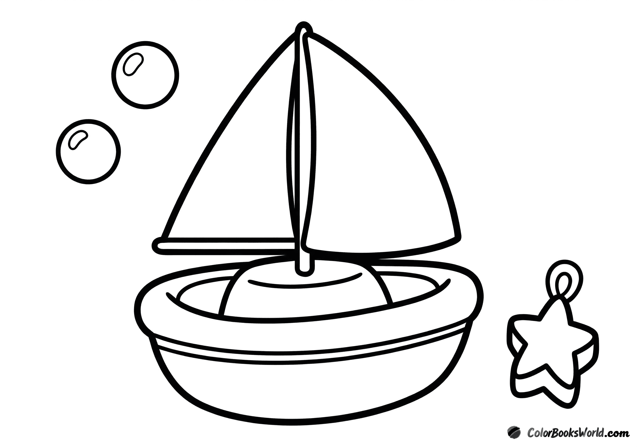 Cartoon toy sailboat with a rounded hull and triangular sail, beside a star-shaped buoy and two bubbles.