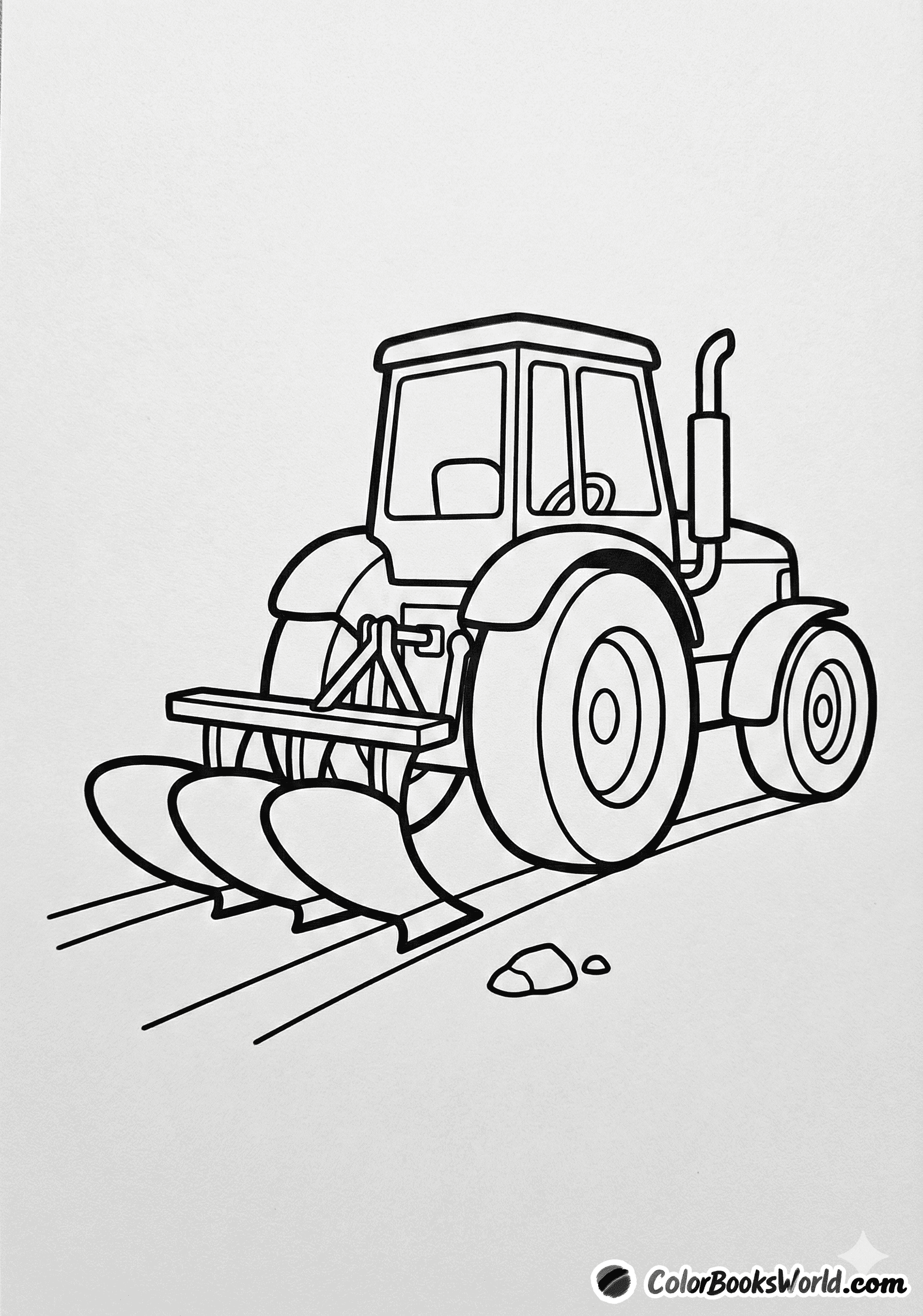 Cartoon farm tractor in 3/4 view with a two-blade plow and a small rock nearby.