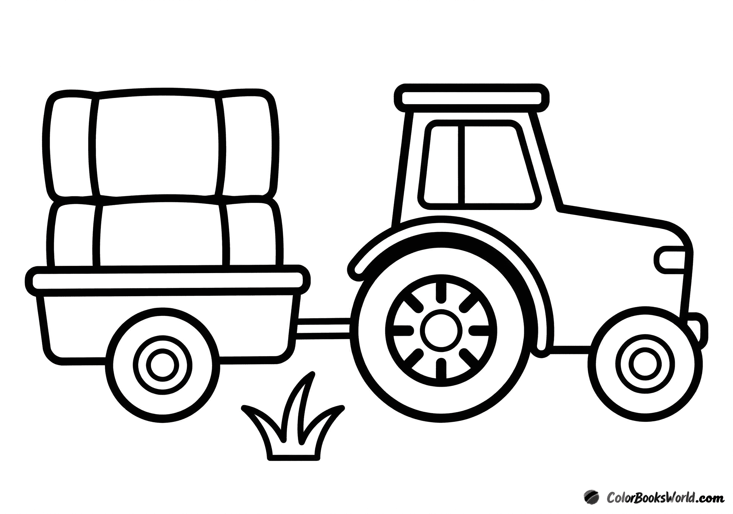Side view of a cartoon farm tractor pulling a trailer with two hay bales.