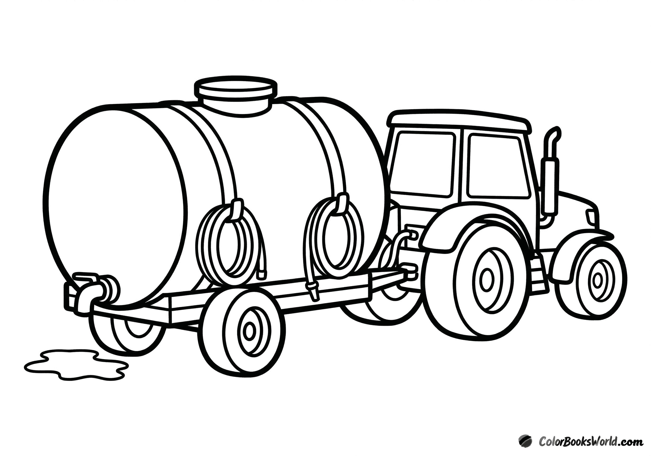 Seitenansicht eines Cartoon-Traktors, der einen zylindrischen Wassertank-Anhänger mit Schläuchen zieht.