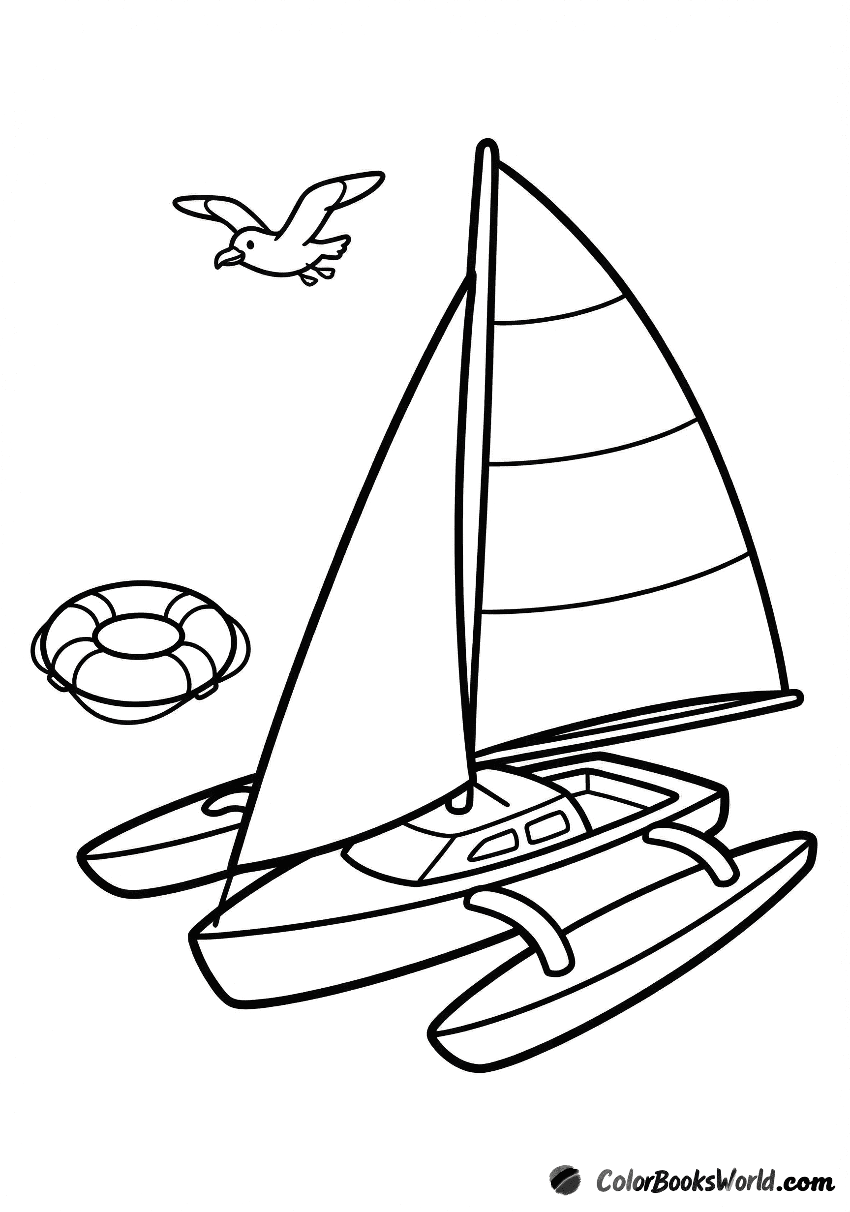 Trimaran simplifié à trois coques, avec une mouette au-dessus et une bouée de sauvetage flottant sur l’eau.